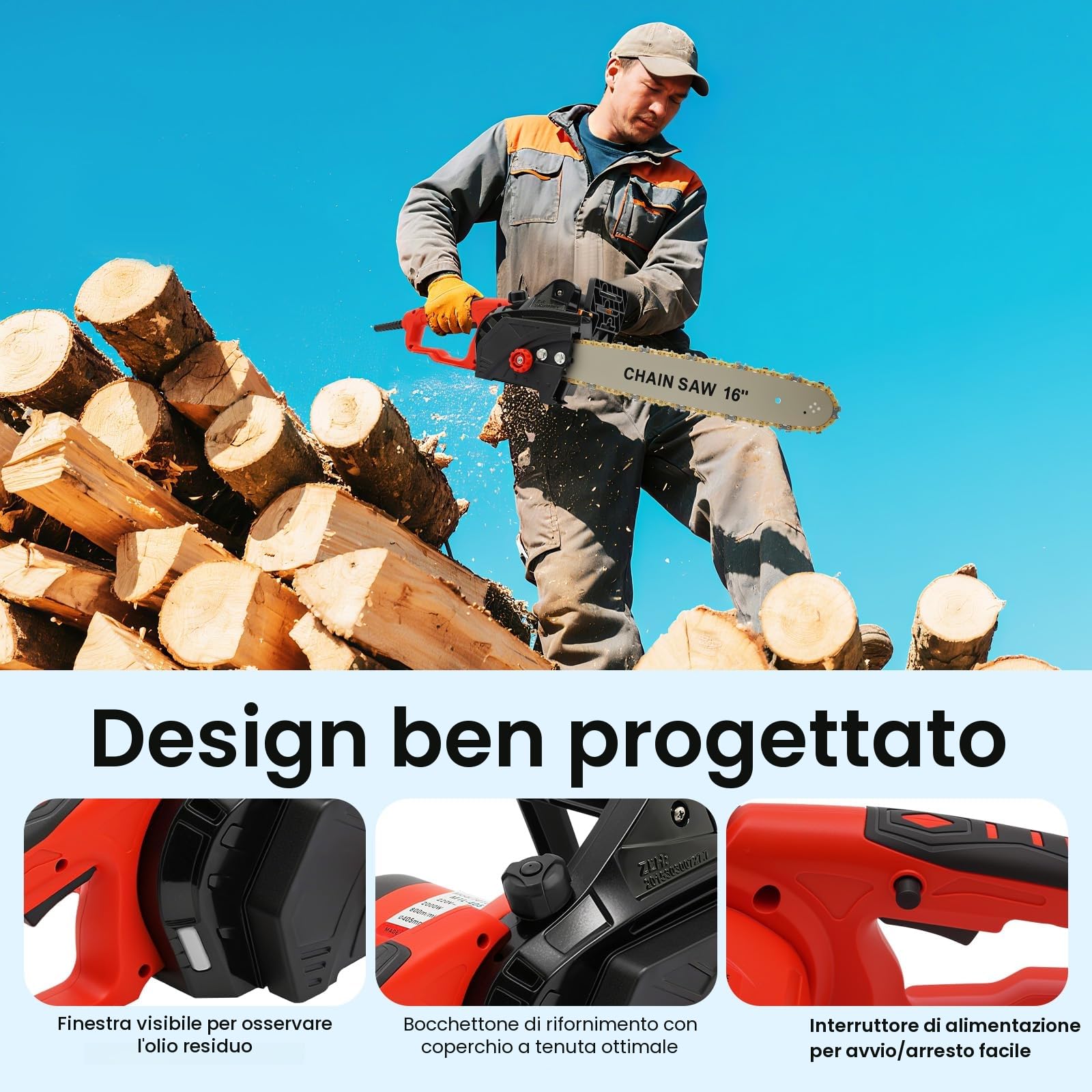 Motosega Elettrica 2000 W con Spruzzatura Automatica dell'Olio – Piastra Guida da 16 Pollici, Cavo di Alimentazione da 4,92 m, 9 Denti per Tagli Precisi – Ideale per Giardinaggio e Falegnameria