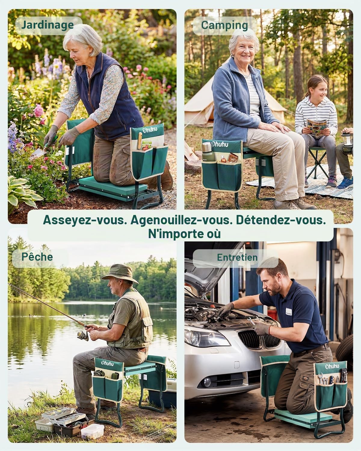 Ohuhu Banc agenouilloir et siège de jardin avec coussin pour s'agenouiller plus épais et plus large et 2 grandes poches à outils, tabouret de jardinage pliable, pour les parents, les personnes âgées