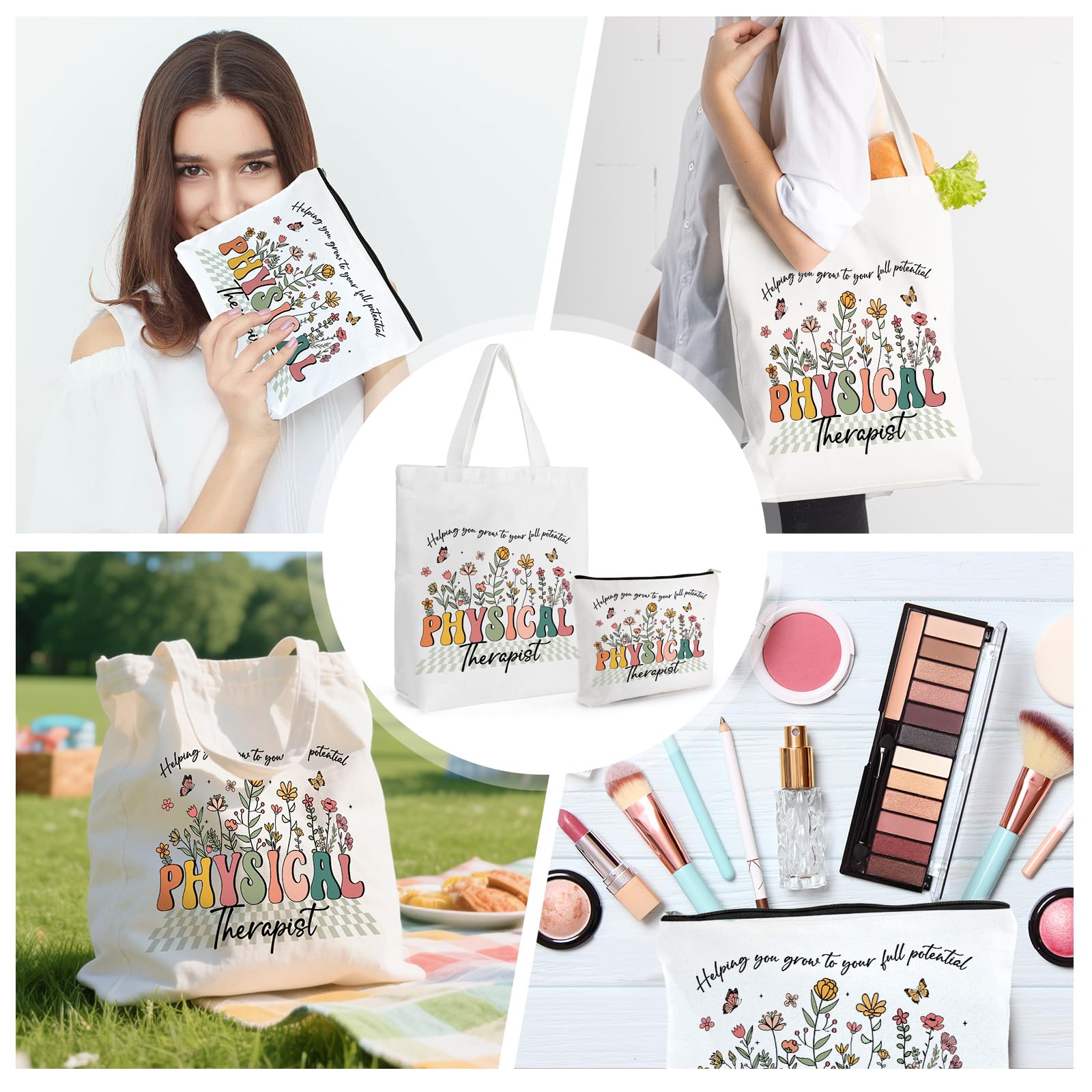 Physical Therapist Gifts for Women - 2pcs Tote Bag with Makeup Bags Set Reusable Floral Grocery Handbag and Toiletry Pouch for Work Travel Shopping Thanksgiving Christmas Birthday Gift