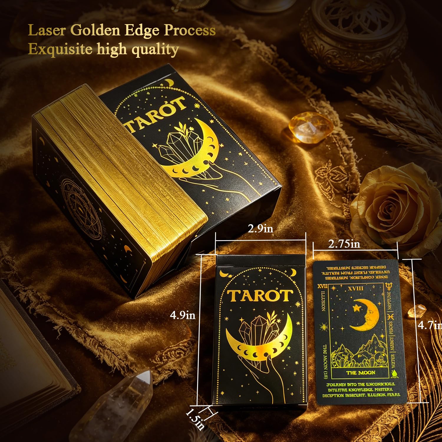 WJPC Tarotkarten mit schwarzem Goldrand, ohne Leitfaden, Set Tarotdeck-Karten mit Bedeutungen auf ihnen (Schwarzgold)