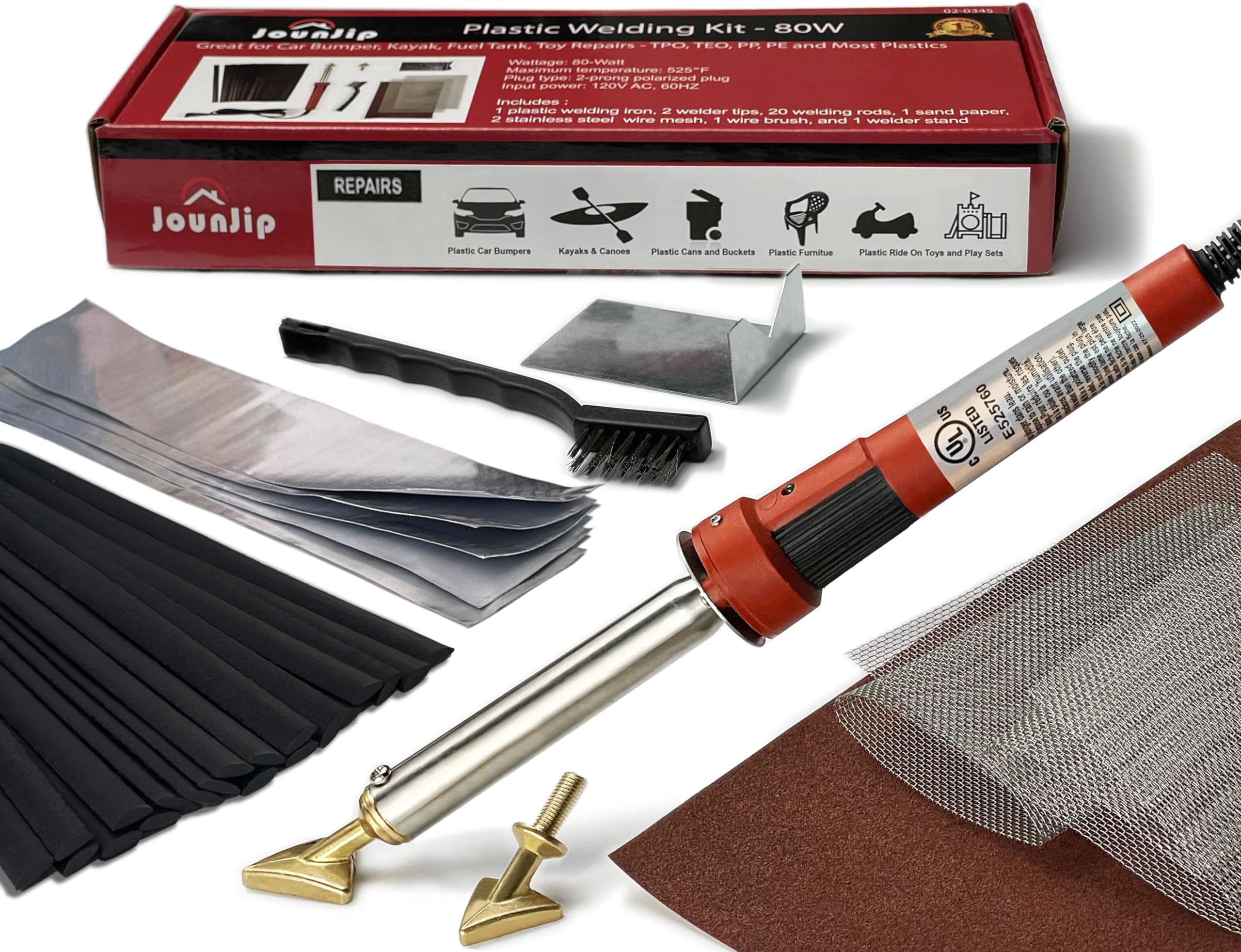 Jounjip Plastic Welding Repair Kit for Bumper, Dashboard, Kayak, Canoe - Sandpaper, 2 Tips, 20 Black Plastic Rods, 2 Mesh, 80W Iron, 110-120V Only