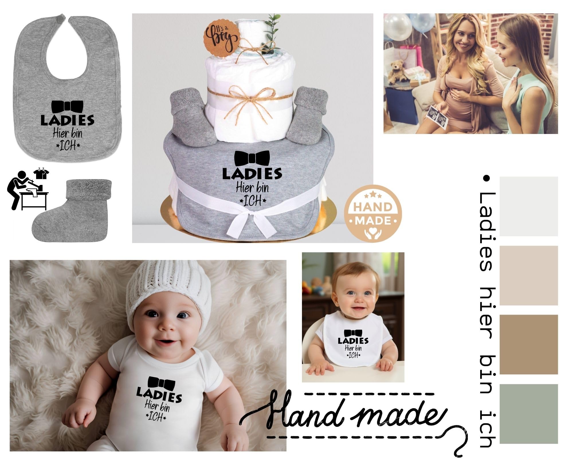 Windeltorte grau Junge Lätzchen Babysocken Ladies Hier bin ich, Grau Meliert, Einheitsgröße