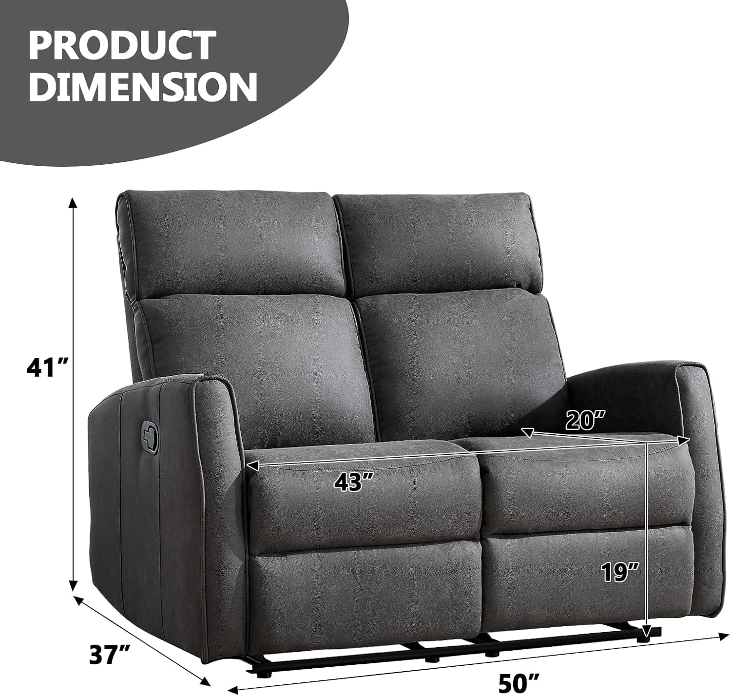 EBELLO Manual Reclining Sofa Couch, Soft Fabric Wall-Hugger 2 Seat Reclining Loveseat Couches with Overstuffed Backrest, Double Seater Recliner Chair for Living Room, Grey