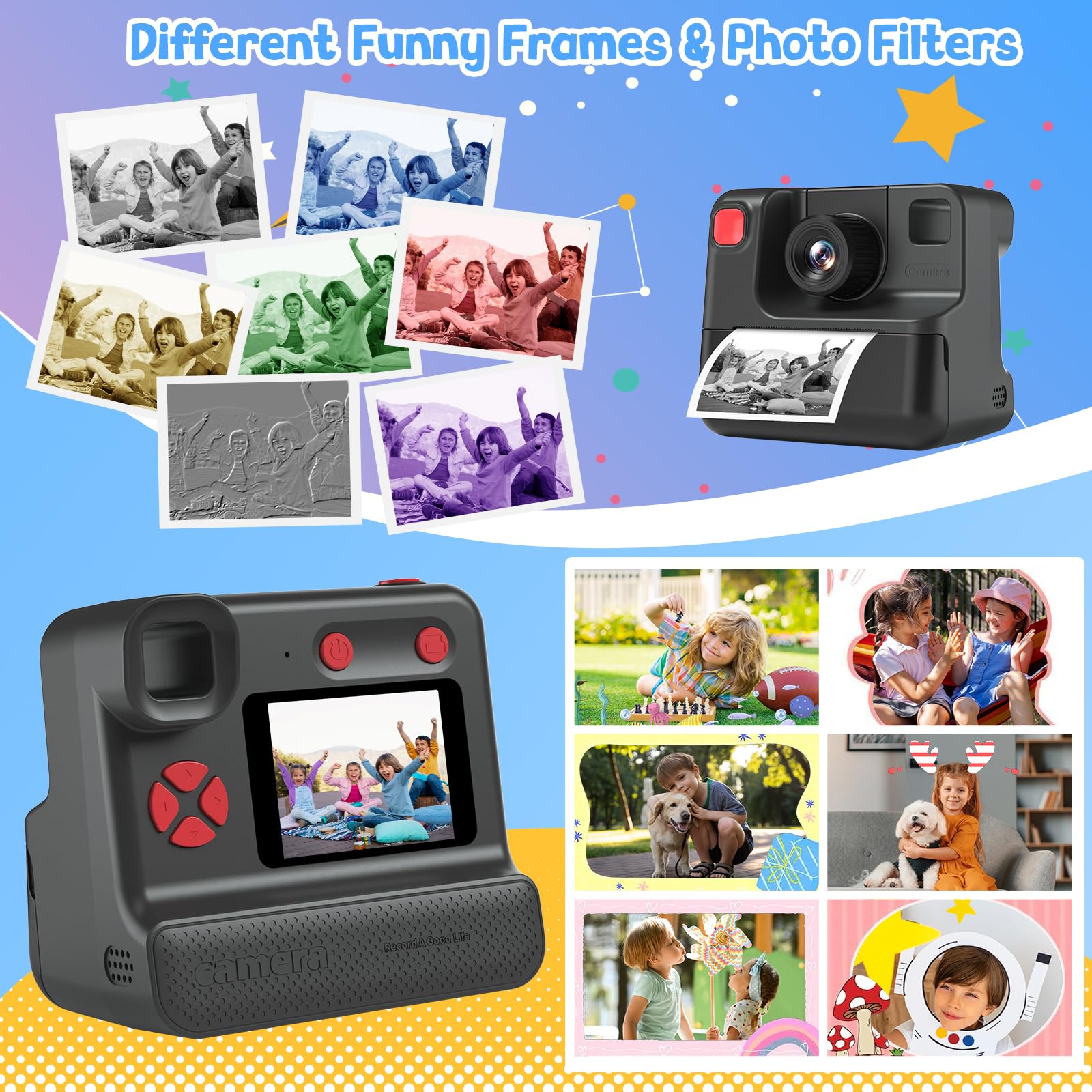 GREENKINDER Macchina Fotografica Bambini Istantanea, 1080P Macchina Fotografica Bambini con Lente 180° Flip, Scheda 32GB & Carta da Stampa, Regali di Natale Compleanno per 3-12 Ragazze Ragazzi