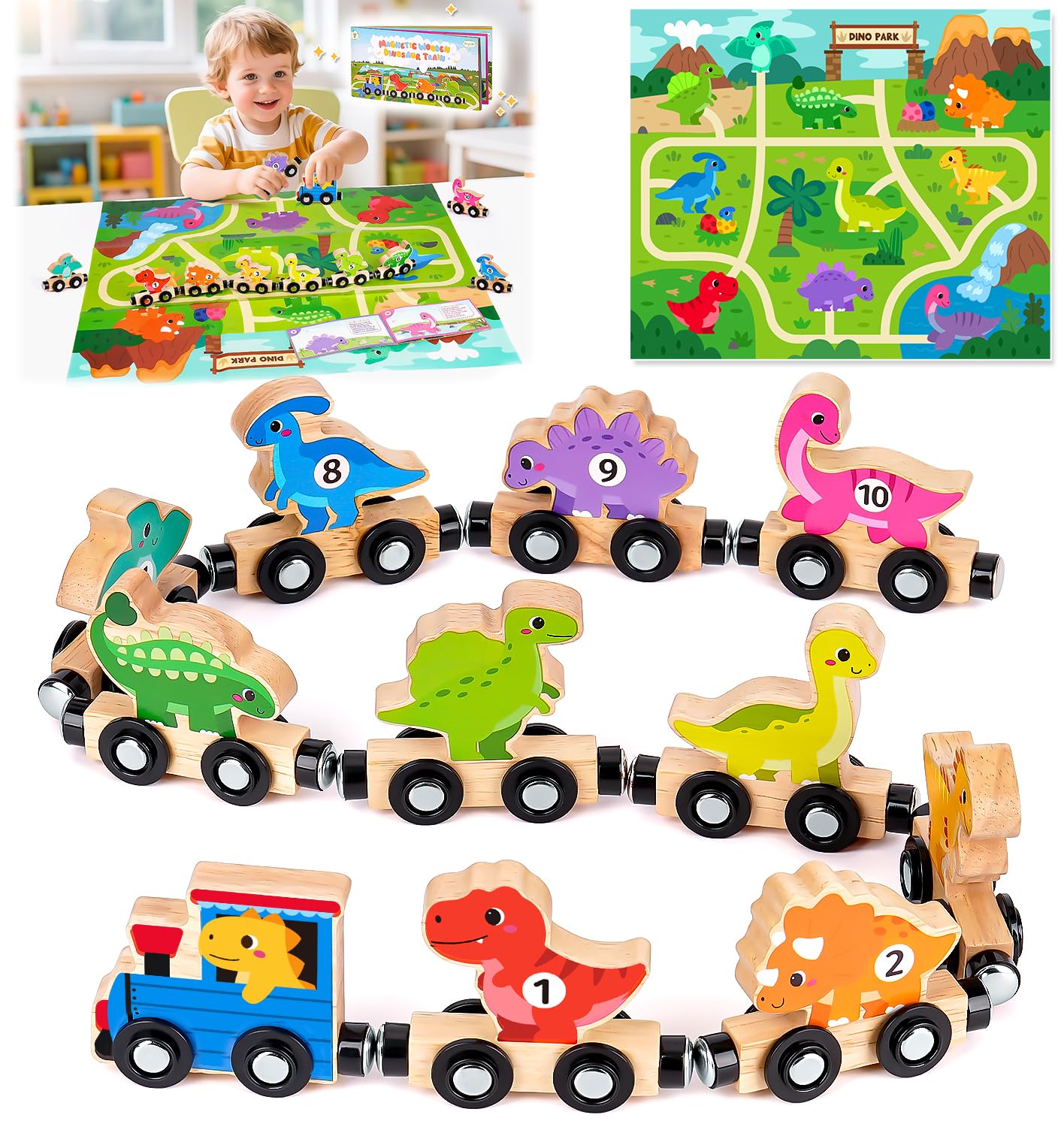 Montessori Spielzeug ab 1 2 3 Jahre: Magnetic Zug Holzspielzeug ab 1-2 Jahre, Kinderspielzeug Holzeisenbahn Dinosaurier Spielzeug ab 1-2-3-4 Jahre Baby Geschenk 1 2 3 Jahre Geburtstag Junge Mädchen