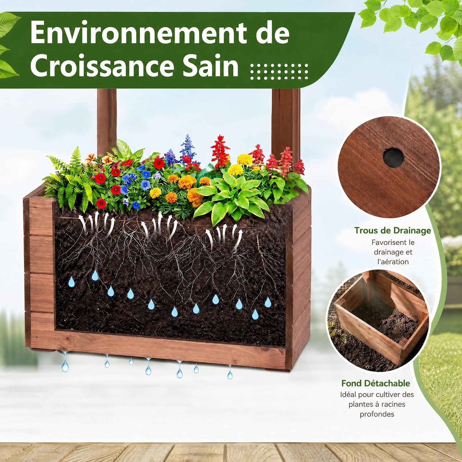 GYMAX Arche de Jardin en Bois avec 2 Bacs à Fleurs pour Plantes Grimpantes