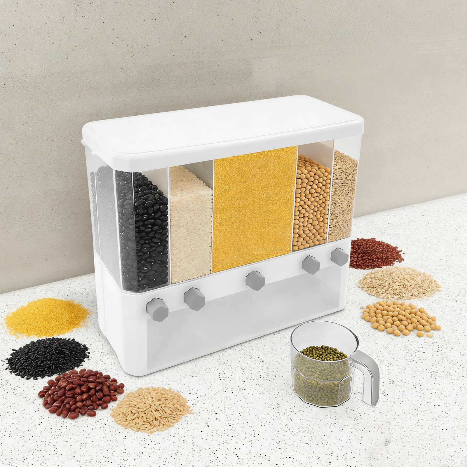 Contenitore per riso a 5 scomparti, dispenser di cereali con misurino e 5 coperchi rimovibili, contenitore per alimenti secchi, portata 15 kg, per riso, pasta, avena, fagioli, cucina, 42 x 19,5 x 35,2