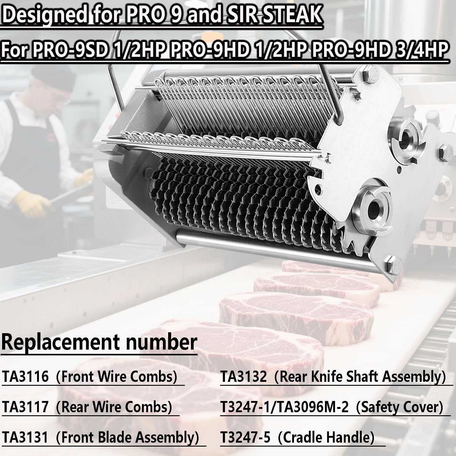 TA3130 Attendrisseur pour Biro Tenderizer Pro 9 Sir Steak PRO-9SD, PRO-9HD avec housse de sécurité