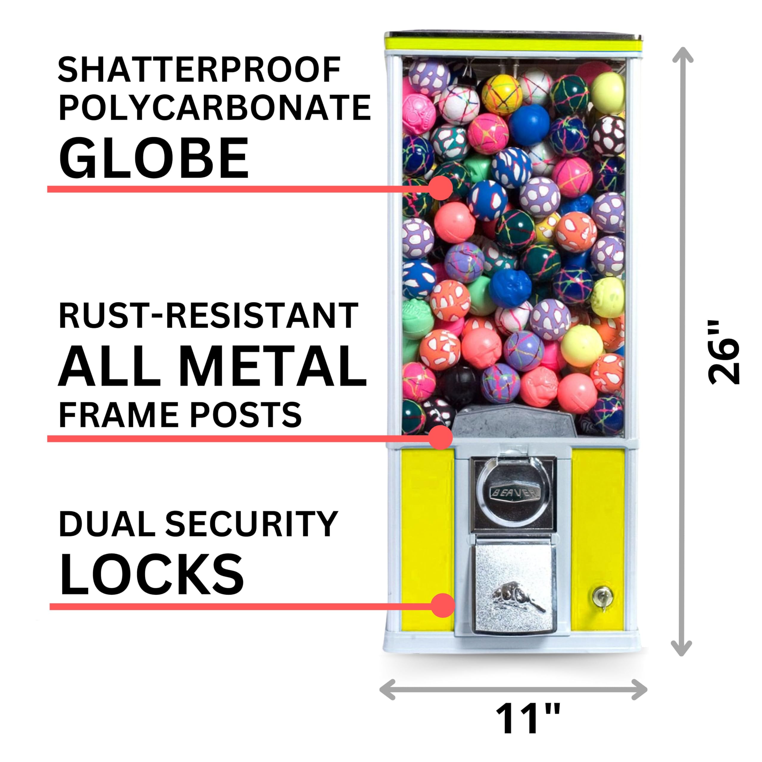 Vending Machine - Beaver Capsule Vending Machine - 26” Tall Prize Machine for 2” Inch Capsules with Beaver Coin Mechanism - Yellow