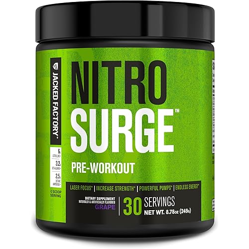 Jacked Factory NITROSURGE Pre Workout Supplement - Endless Energy, Instant Strength Gains, Clear Focus, Intense Pumps - Nitric Oxide Booster & Powerful Preworkout Energy Powder - 30 Servings, Grape