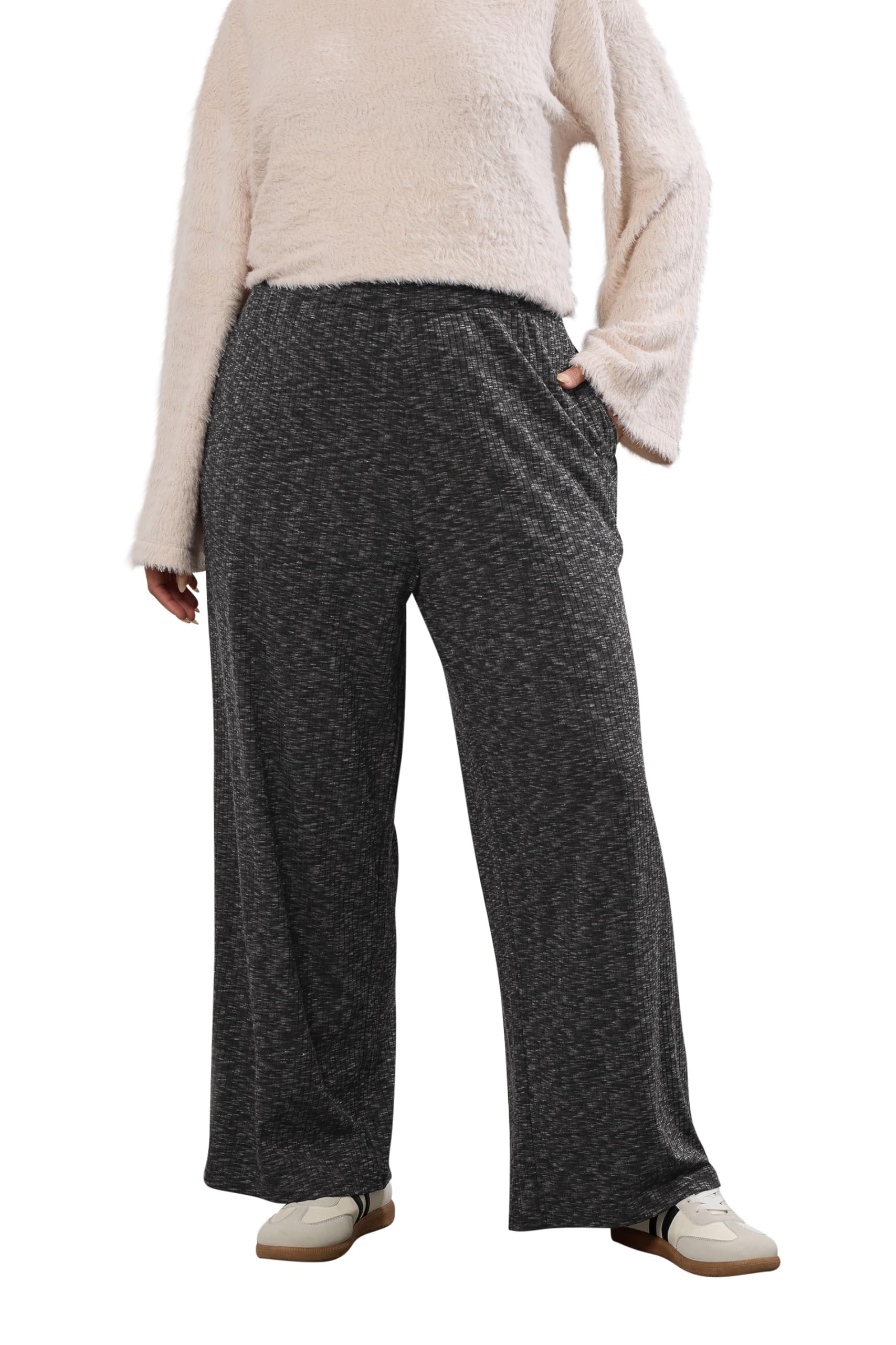 Yours Women's Ribbed Wide Leg Trousers in Dark Grey | Size: 20