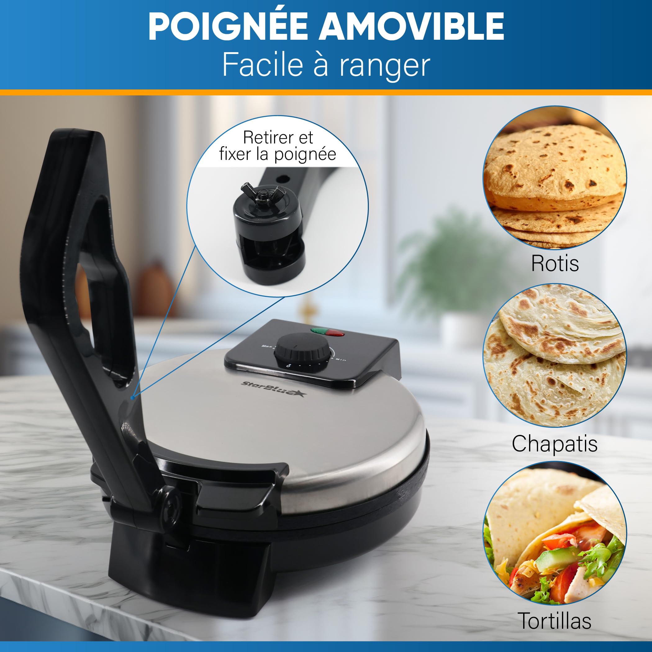 StarBlue Machine à Roti 25,4 cm avec chauffe-roti gratuit et poignée amovible – Chapati, tortilla, Roti AC220-240 V 50/60 Hz 1200 W, prise européenne