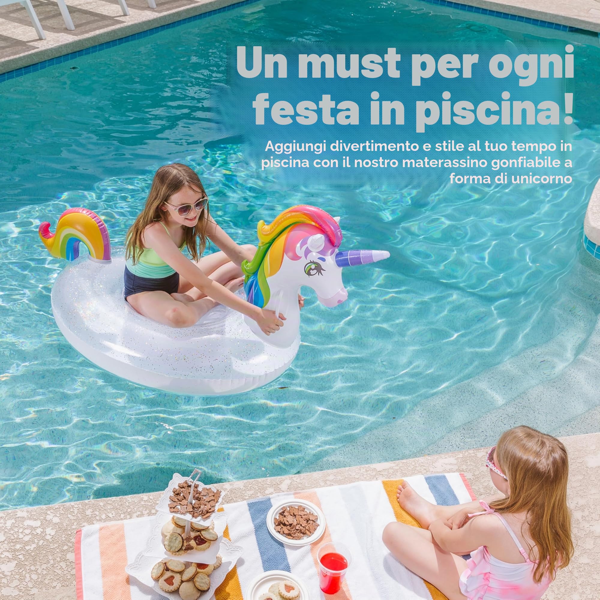 JOYIN Unicorno gonfiabile galleggiante da piscina con glitter Galleggianti divertenti spiaggia, Galleggianti unicorno, Decorazioni per feste estive Giocattoli da piscina per bambini (175x75x85cm)