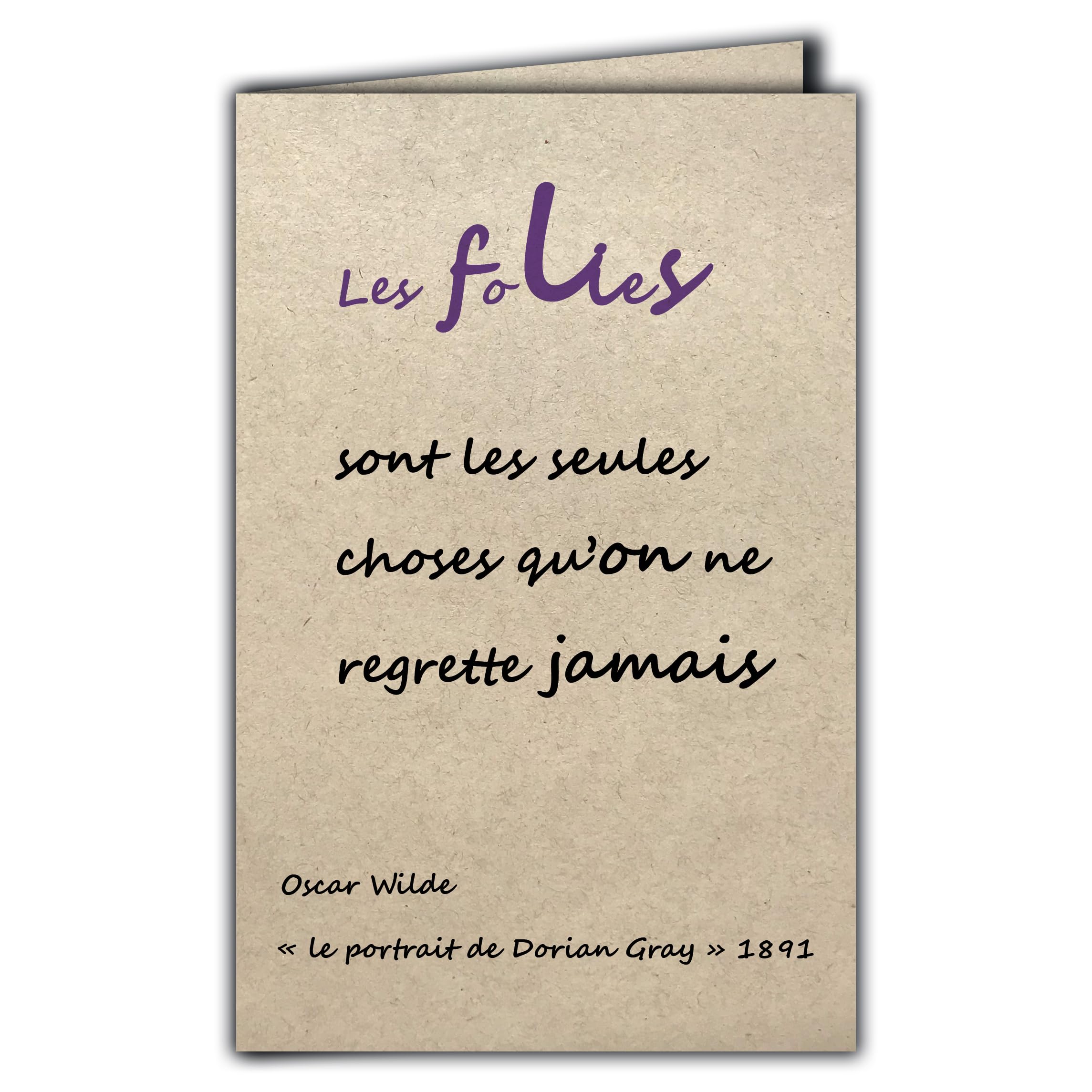 AFIE CIT-1023 Quote Card on Natural Fibre Paper with Envelope Follies Are the Only Things You Never Regret Oscar Wilde Portrait of Dorian Gray – Made in France