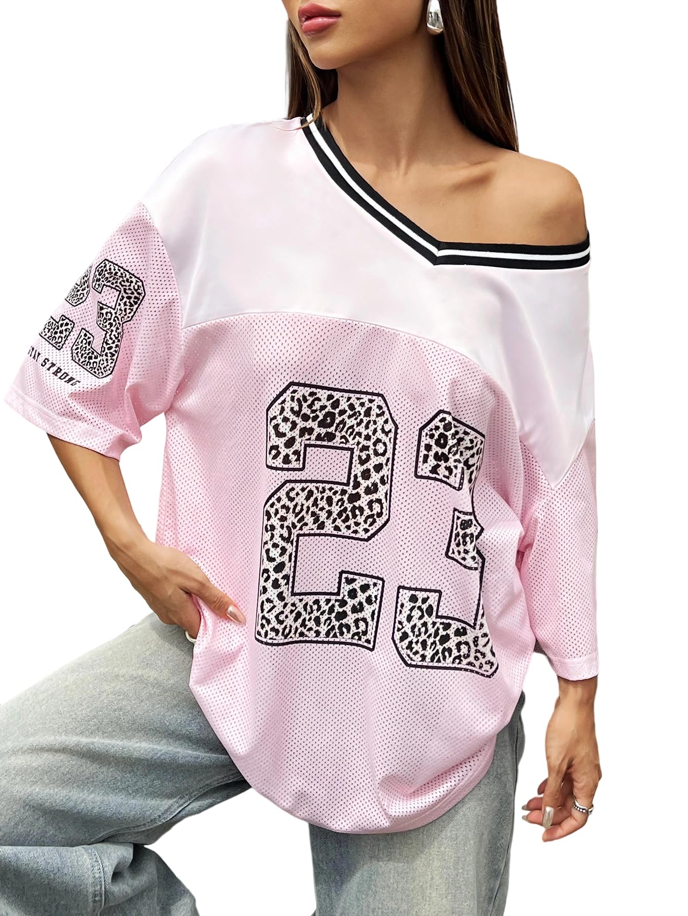 SOLY HUX Jersey Shirts for Women Y2k Graphic Number Oversized Tees V Neck Half Sleeve Cute Soccer Streetwear T Shirt Tops