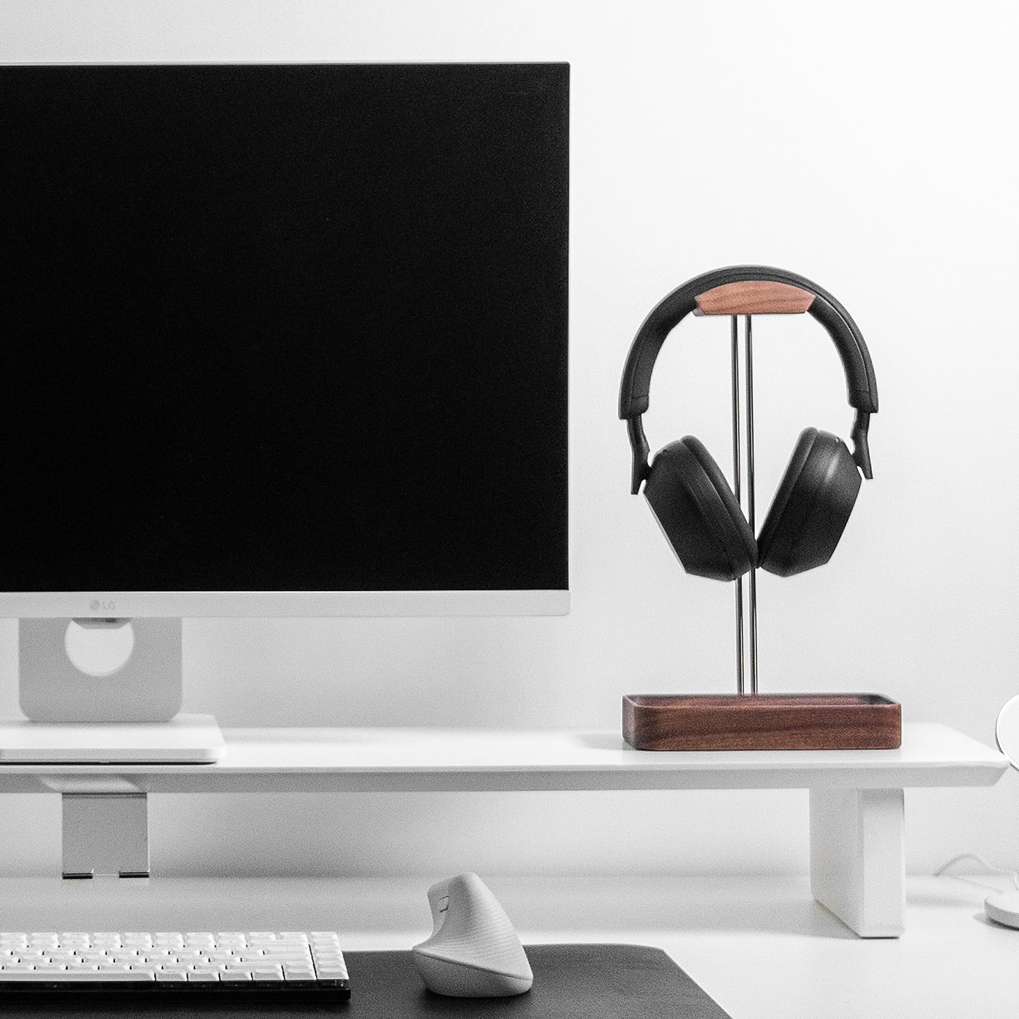 Raico Soporte para auriculares con base de almacenamiento, madera de nogal de alta calidad, compatible con AirPods Max, Beats, Bose, Sony, Sennheiser, Gaming
