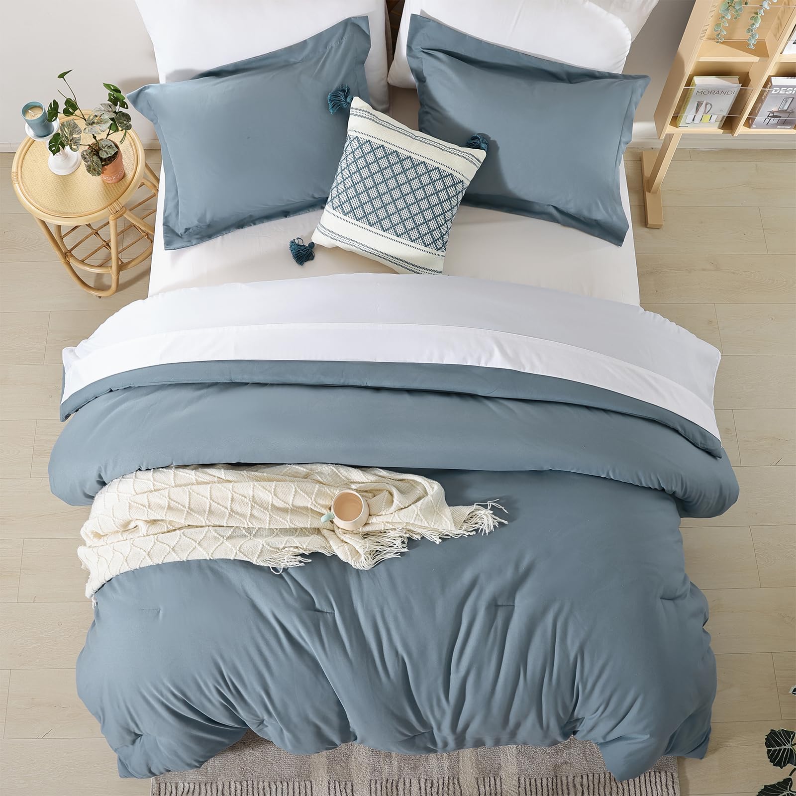 weigelia Dusty Blue Comforter Set King Size Blue Comforter with 2 Pillowcases 7 Pieces Blue Color King Comforter Bedding Set for Women and Men King Bed Comforter Set Soft All Season