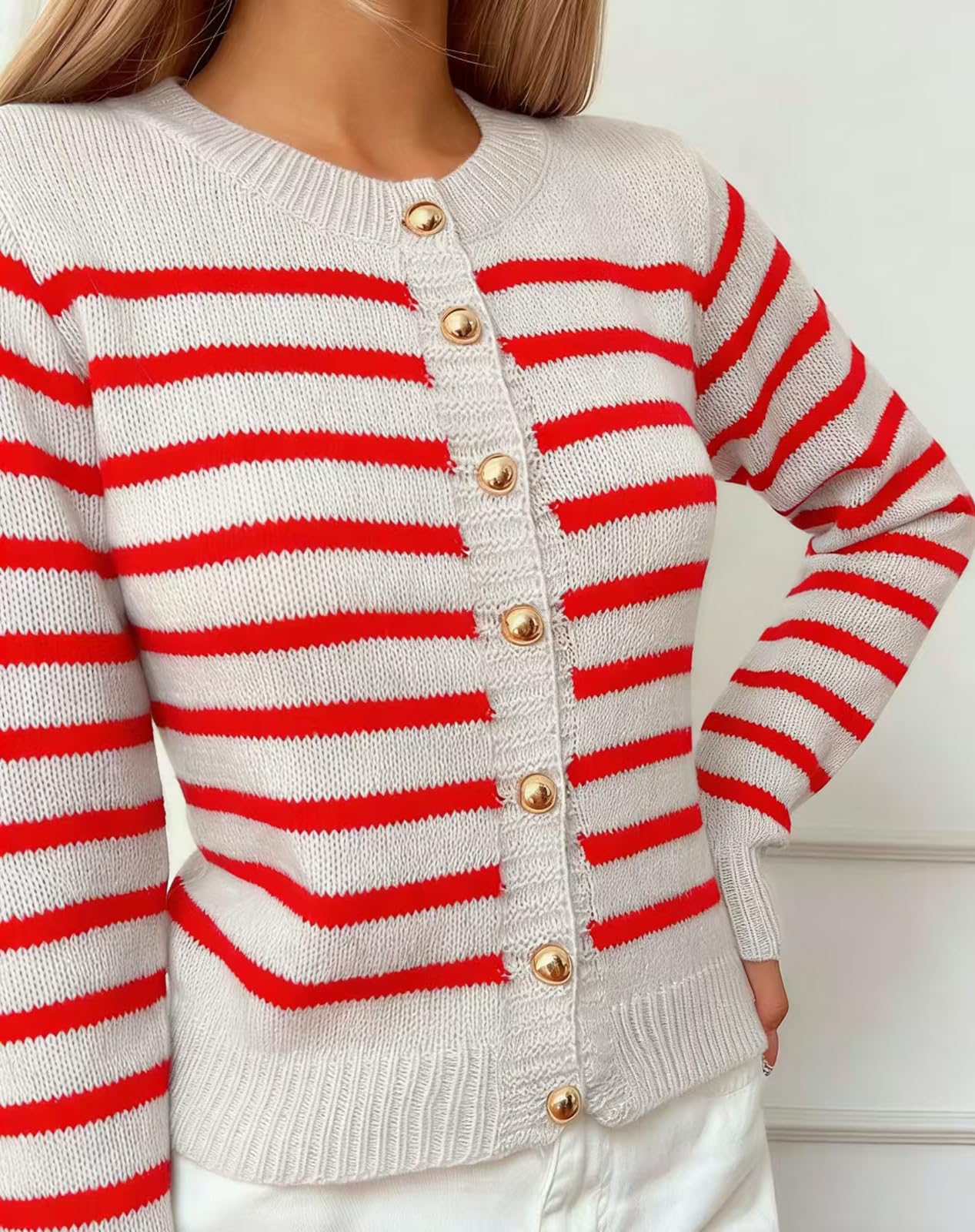 Cárdigan de Punto Abotonado a Rayas con Cuello Redondo | Cárdigan corto de crochet a rayas estilo Y2K; top corto casual de estilo coreano para primavera y otoño