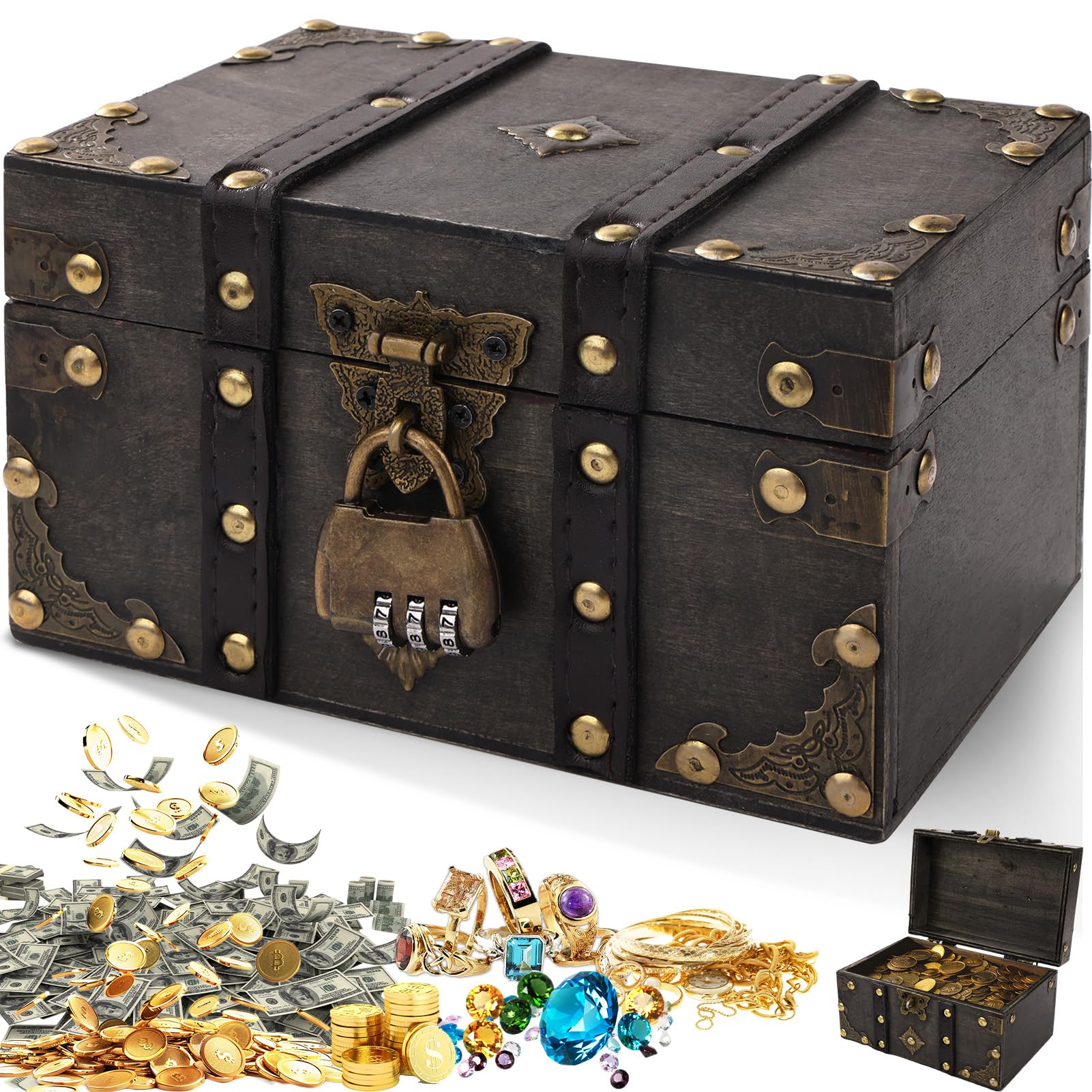 Vintage Holz Schatztruhe, Aufbewahrung Schatzkiste mit Schloss, Holz Schatztruhe kindergeburtstag Schatzkiste kinder mit Deckel Piratenkiste für Aufbewahren und Dekorieren Geschenke(Grau)
