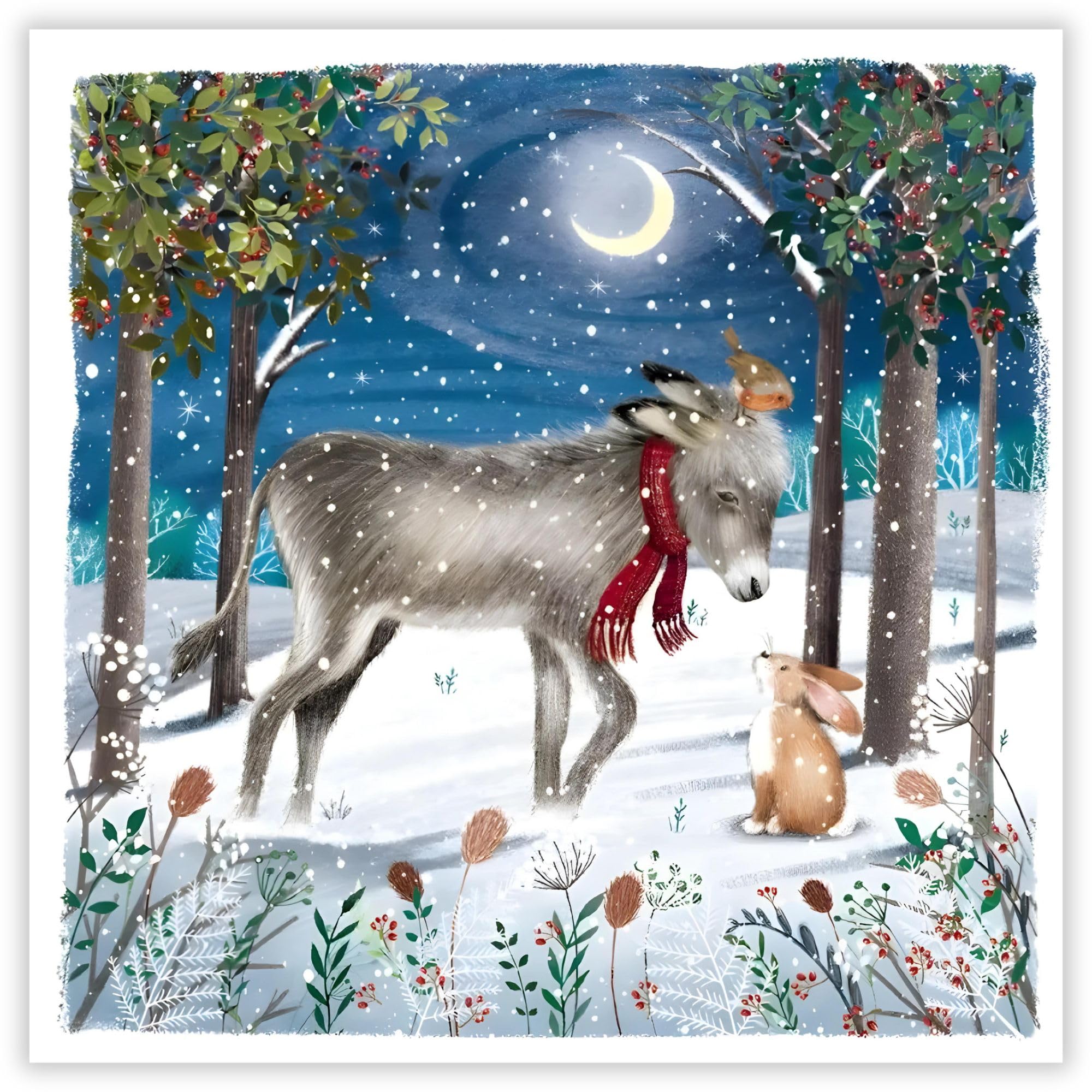 GBCC Charity Christmas Cards Pack of 10, Charity Christmas Cards with Donkey and Rabbit Forest Scene