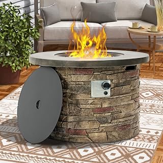 36" Propane Gas Fire Pit Table, 50,000 BTU Round Outdoor Concrete Fire Pit with Stainless Steel Burner, Pulse Ignition, Hidden Tank Storage & Lid, Conversion for Patio, Garden