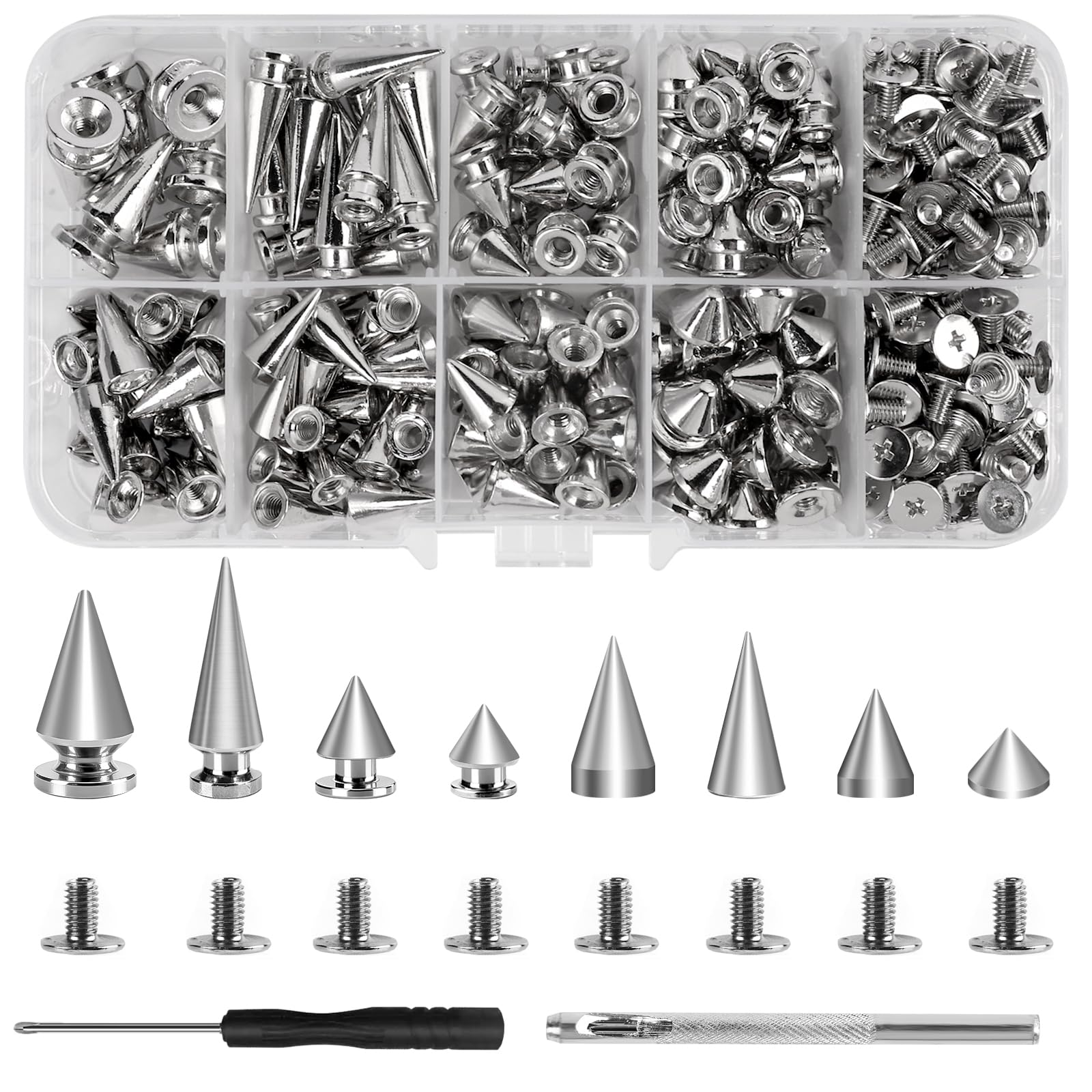 364 Pcs Punk Spikes and Studs Kit, 8 Sizes Metal Cone Spikes and Studs Rivets for Clothing Leathercraft DIY Craft-image-38