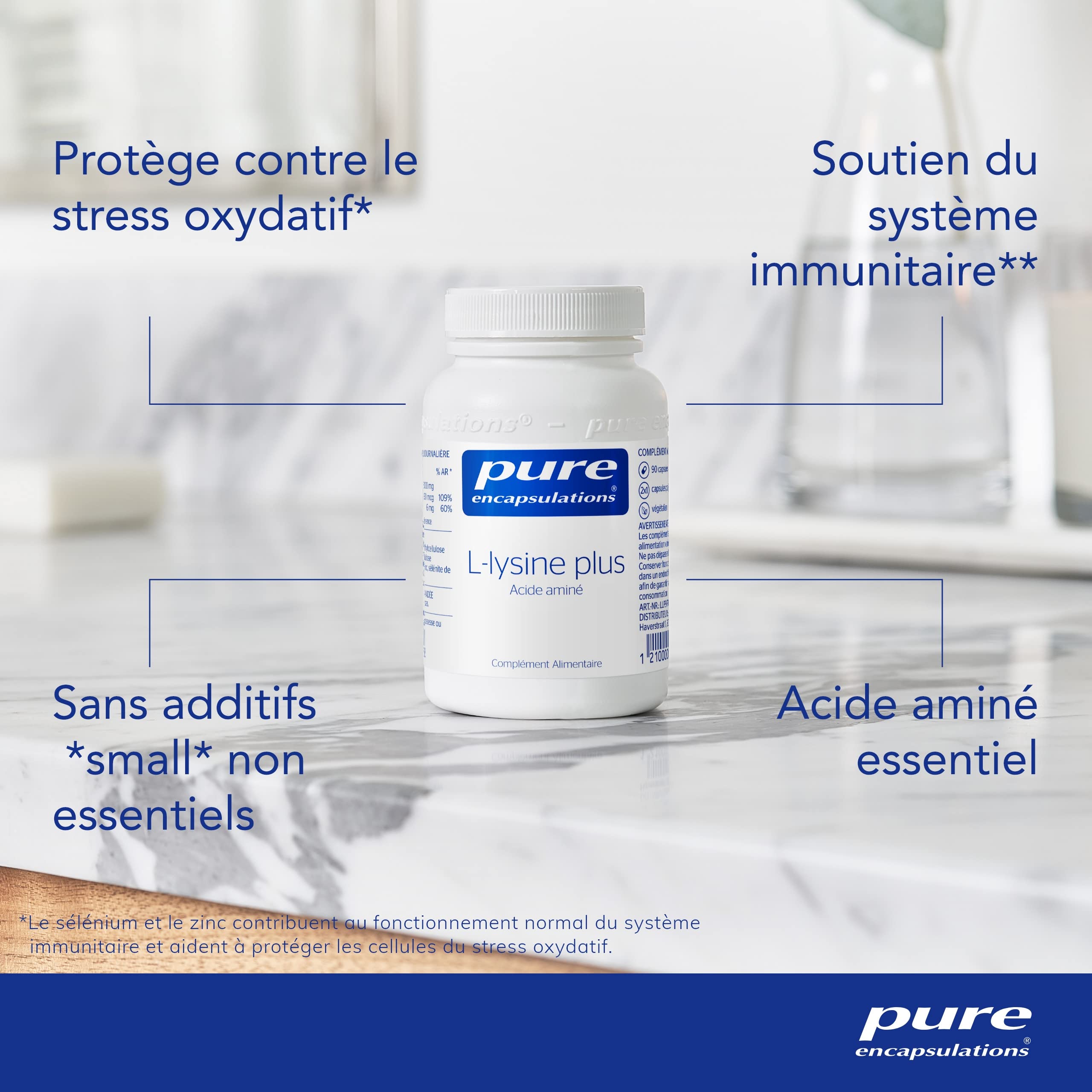 Pure Encapsulations - L-Lysine Plus - Acide Aminé Essentiel avec Sélénium & Zinc - Supplément Hypoallergenique - 90 Gélules Véganes