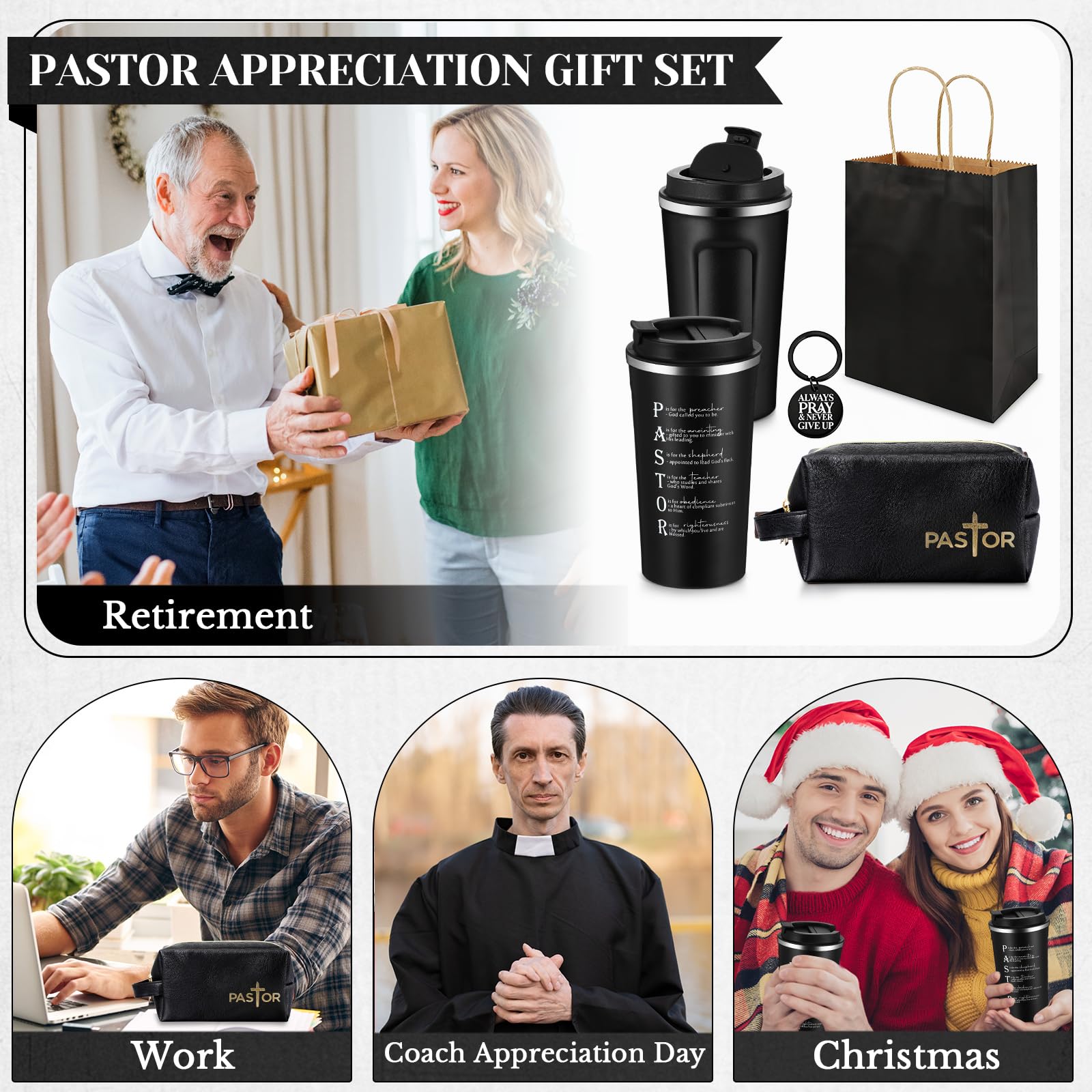 Roshtia 3 Pcs Pastor Appreciation Gift for Men Christian Ordination Gift Ministers Religious Inspirational 17oz Stainless Steel Tumbler with Lid Leather Toiletry Bag Keychain for Fathers Dad Husband