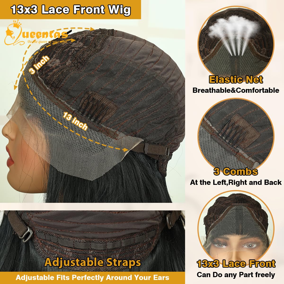Queentas Long Black Straight Wigs for Women 13x3 Lace Front Wig Middle Part Heat Resistant Synthetic Wig with Preplucked Hairline 30 Inch for Daily Party Use (Black) - Image 2