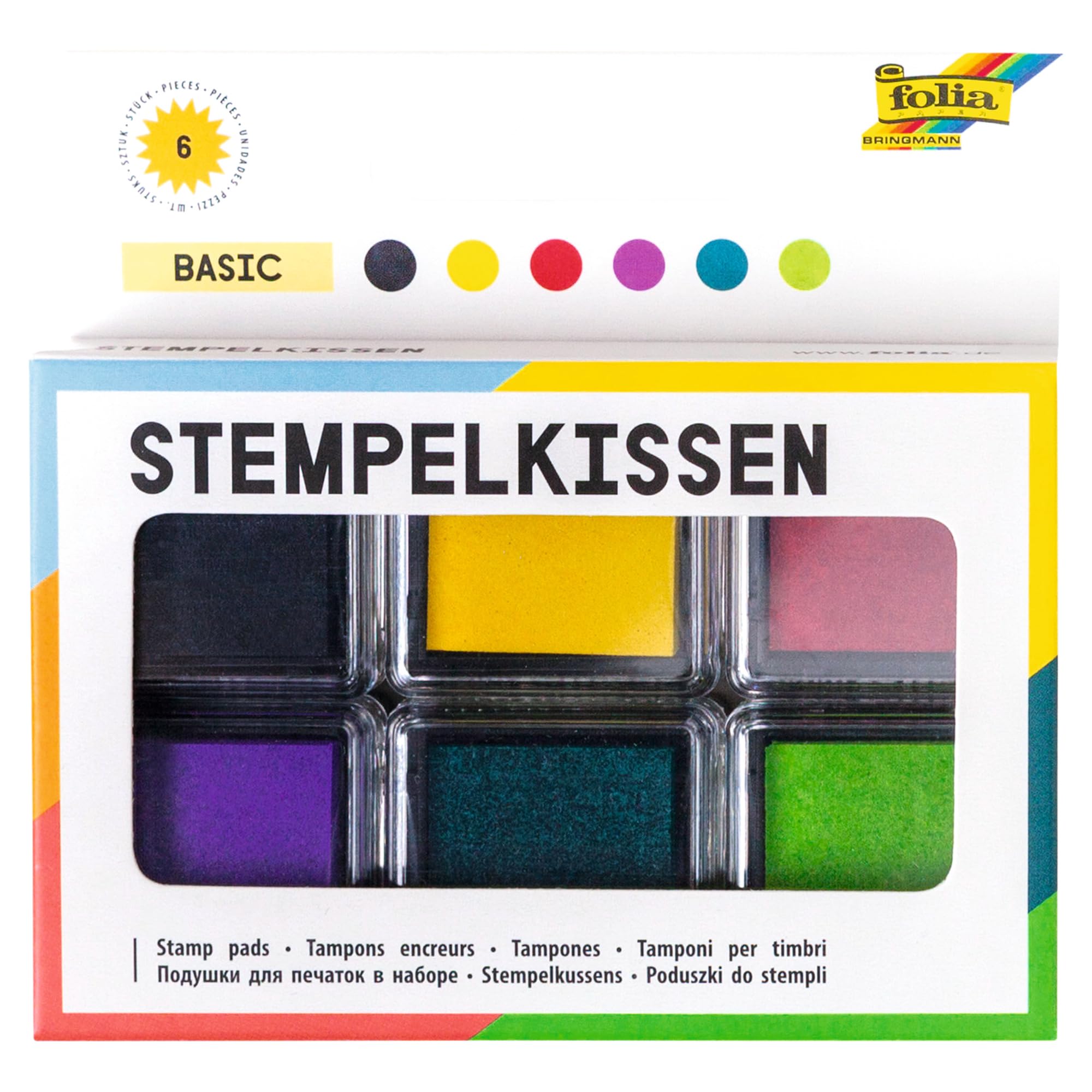 Folia 30180 Basic Ink Pad Set, 6 Ink Pads, in Various Colours, Ideal for Decorating Cards and Other Crafts