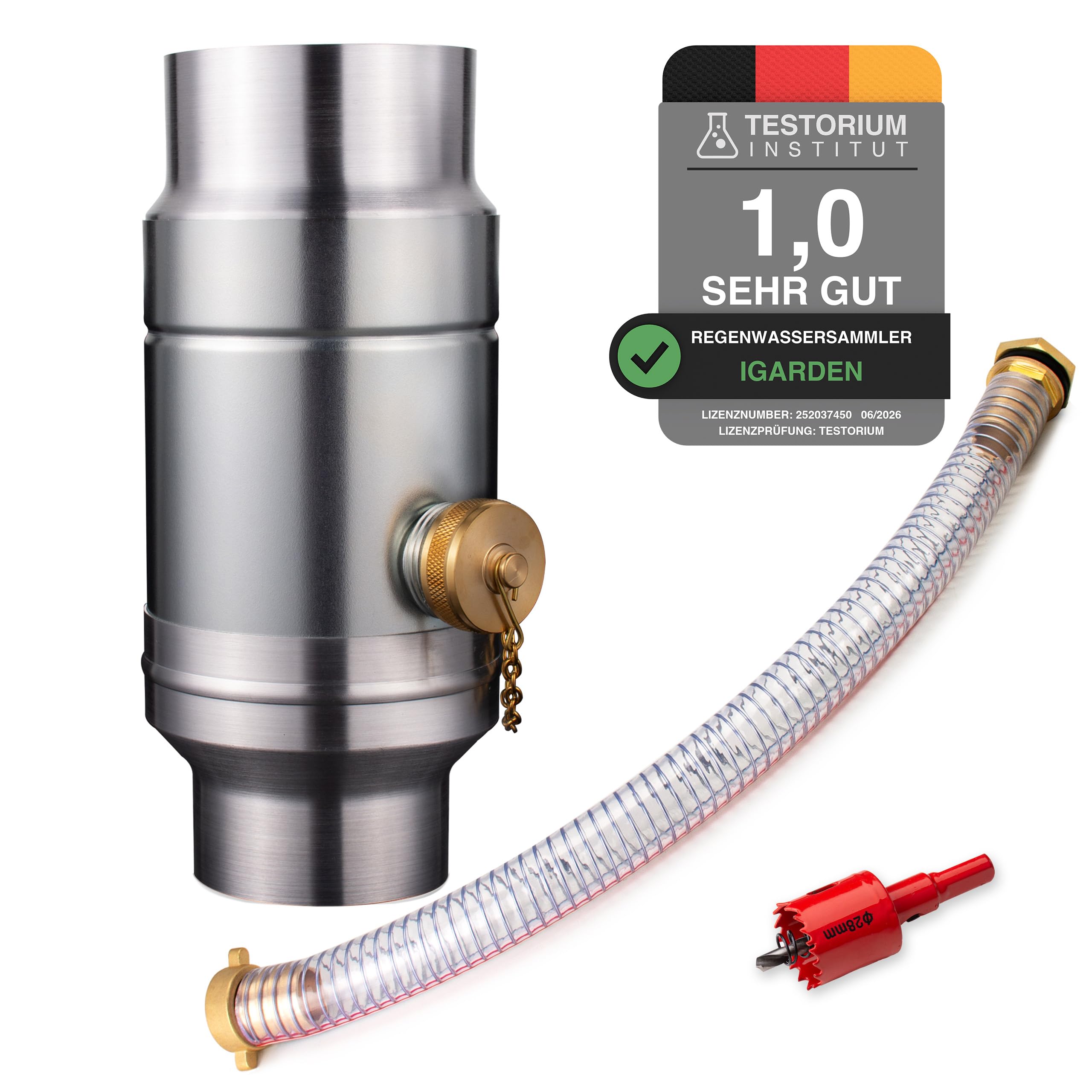 IGarden Collecteur d'eau de pluie de 87 mm avec raccord de tuyau et de tonneau de 45 cm pour le tuyau de descente, tôle d'acier galvanisée + collecteur d'eau en aluminium, construction à double paroi
