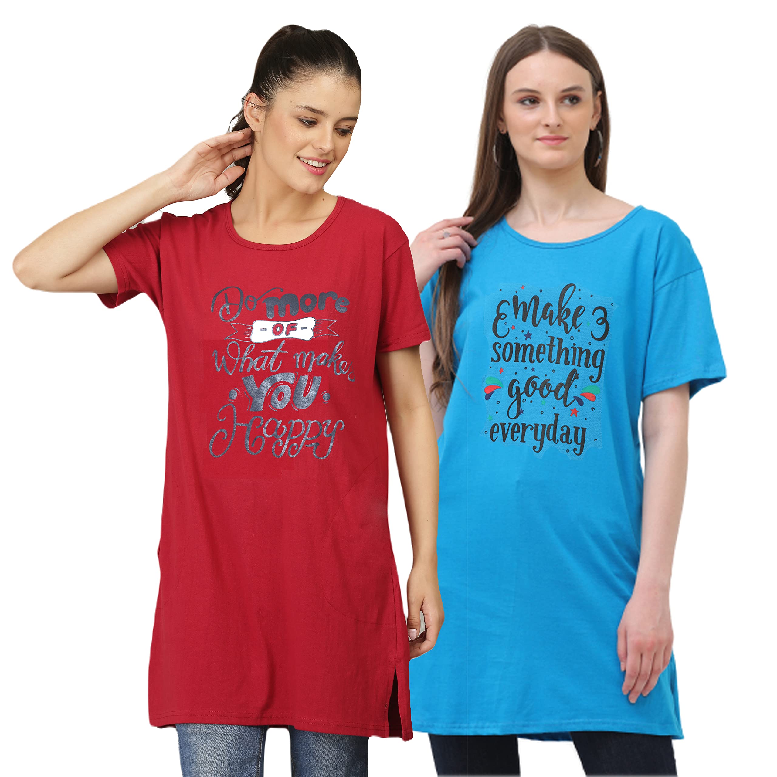 illustrious Cotton Printed Half Sleeves Round Neck Regular Fit T-Shirts/Top/Long Night Wear T-Shirt for Women's & Girls (Pack of 2)-picture-37