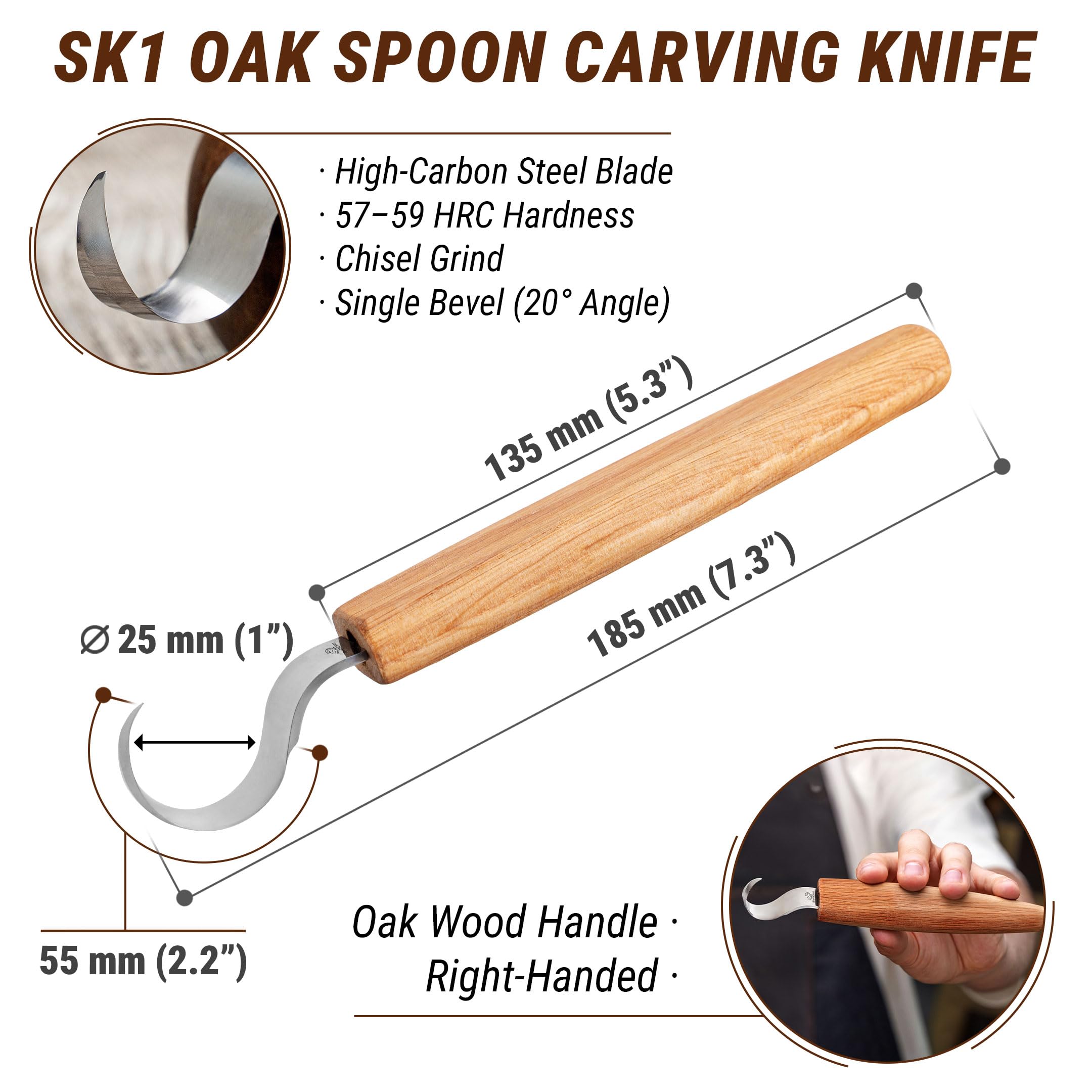 BeaverCraft Cuchillo Curvo SK1 para Tallar Cucharas – Herramienta de Tallado para Diestros – Cuchillo para Cucharas, Cuencos y Tazas – Herramientas de Tallado para Principiantes y Profesionales
