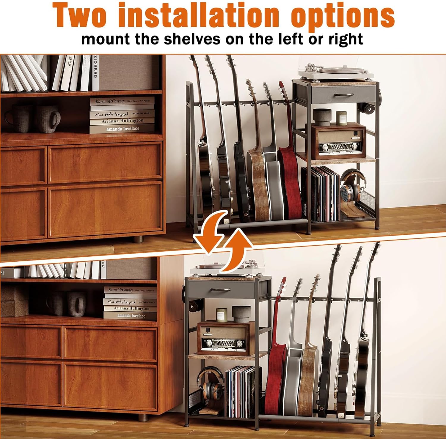 Guitar Stand for 6 Guitars, 3-Tier Adjustable Floor Rack with Soft Foam Pads & Storage Drawer, Display Holder for Acoustic Electric Bass, Amp and Vinyl Records