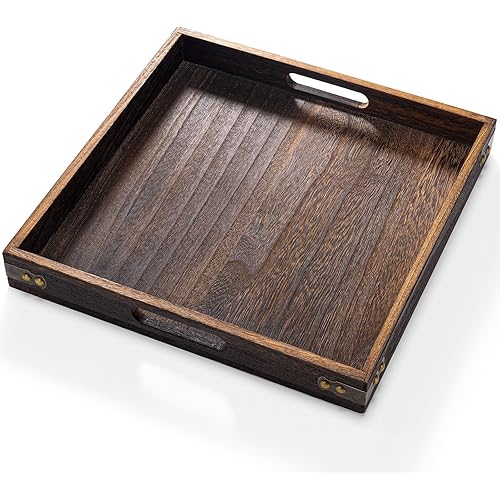 Yangbaga Serving Tray with Handles,12.5"*12.5"Wood Decorative Tray for Living Room,Modern Coffee Table Tray,Square Large Serving Platters for Home Decor,Ottoman,Bed,Kitchen,Bathroom, Breakfast,Bar