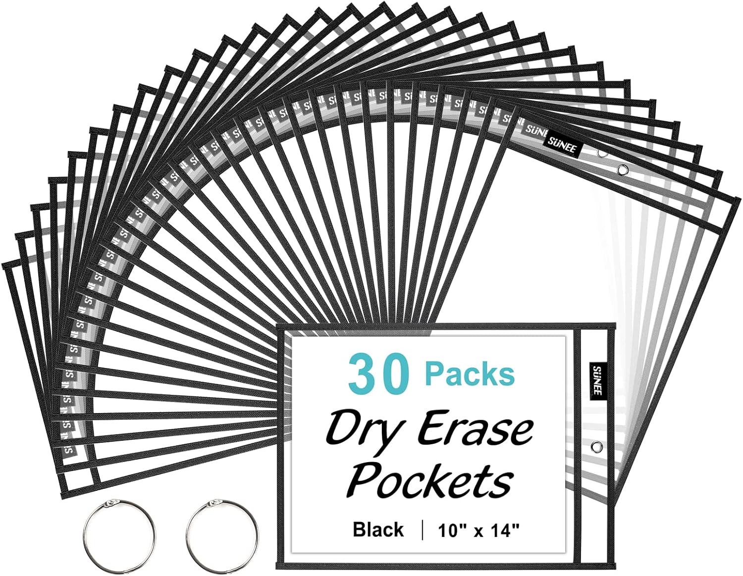 SUNEE 30 Packs Oversized Reusable Dry Erase Pocket Sleeves with 2 Rings, Black 10x14 Ticket Holders, Clear Plastic Sheet Protectors, Teacher School Classroom Supplies : Office Products