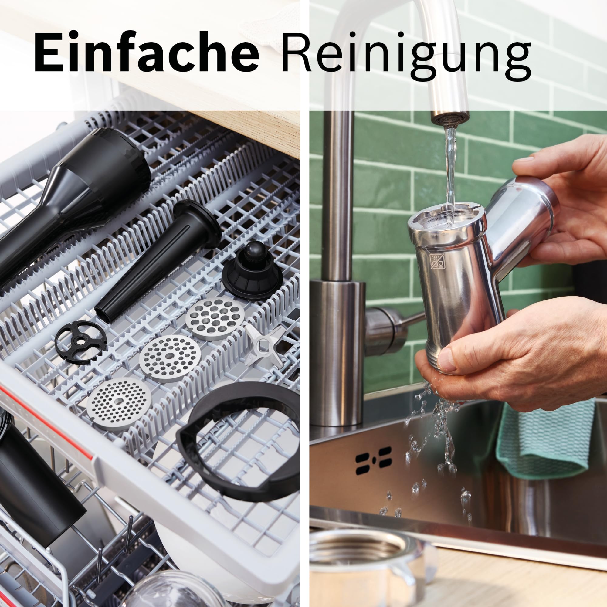 Bosch Fleischwolf Serie 4, 2 Lochscheiben (3 / 8mm) Edelstahl, spülmaschinenfest, elektrisch, stark, kompakt, 2 Stufen, Wurststopfer, 1.900 W, weiß/schwarz, MultiPower MFWS420W