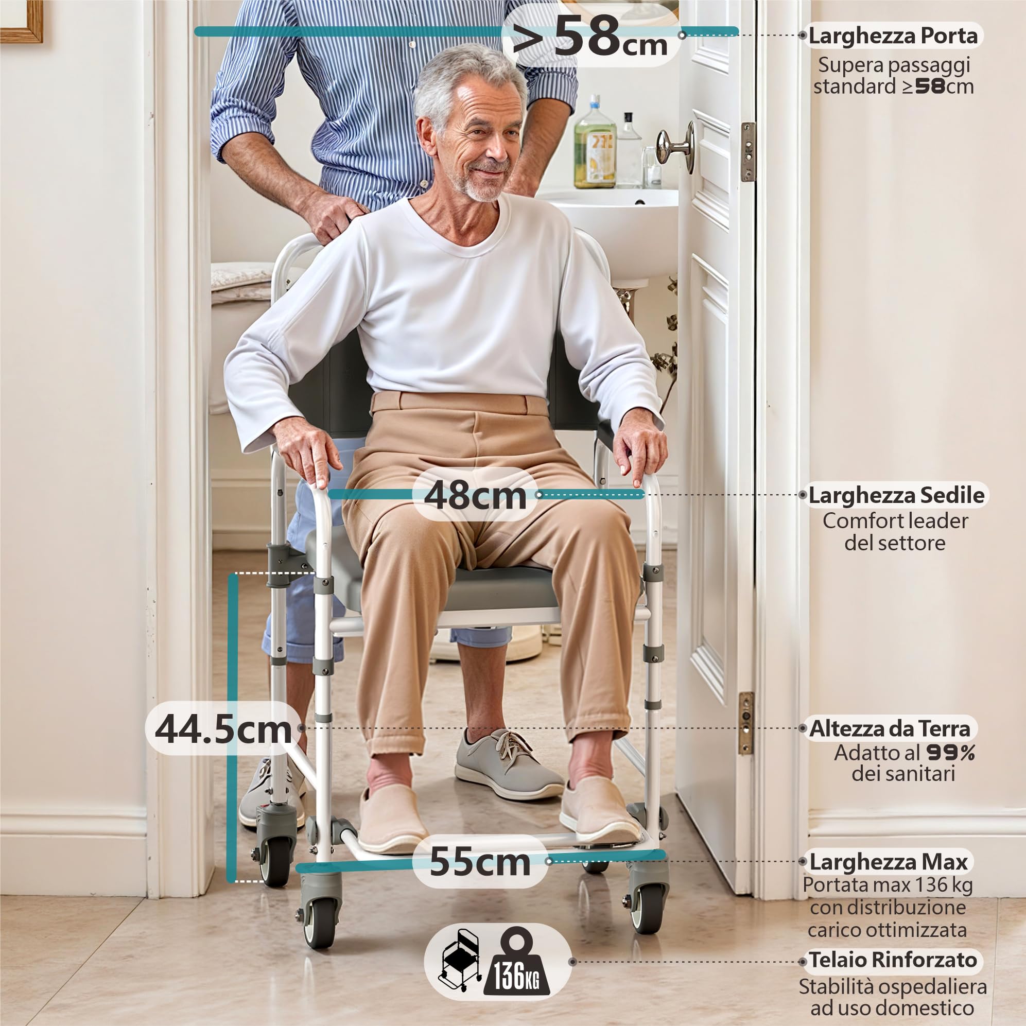 Sedia da comoda con ruote per anziani, sedia da doccia con portata di 120 kg, wc portatile con secchio per disabili e anziani
