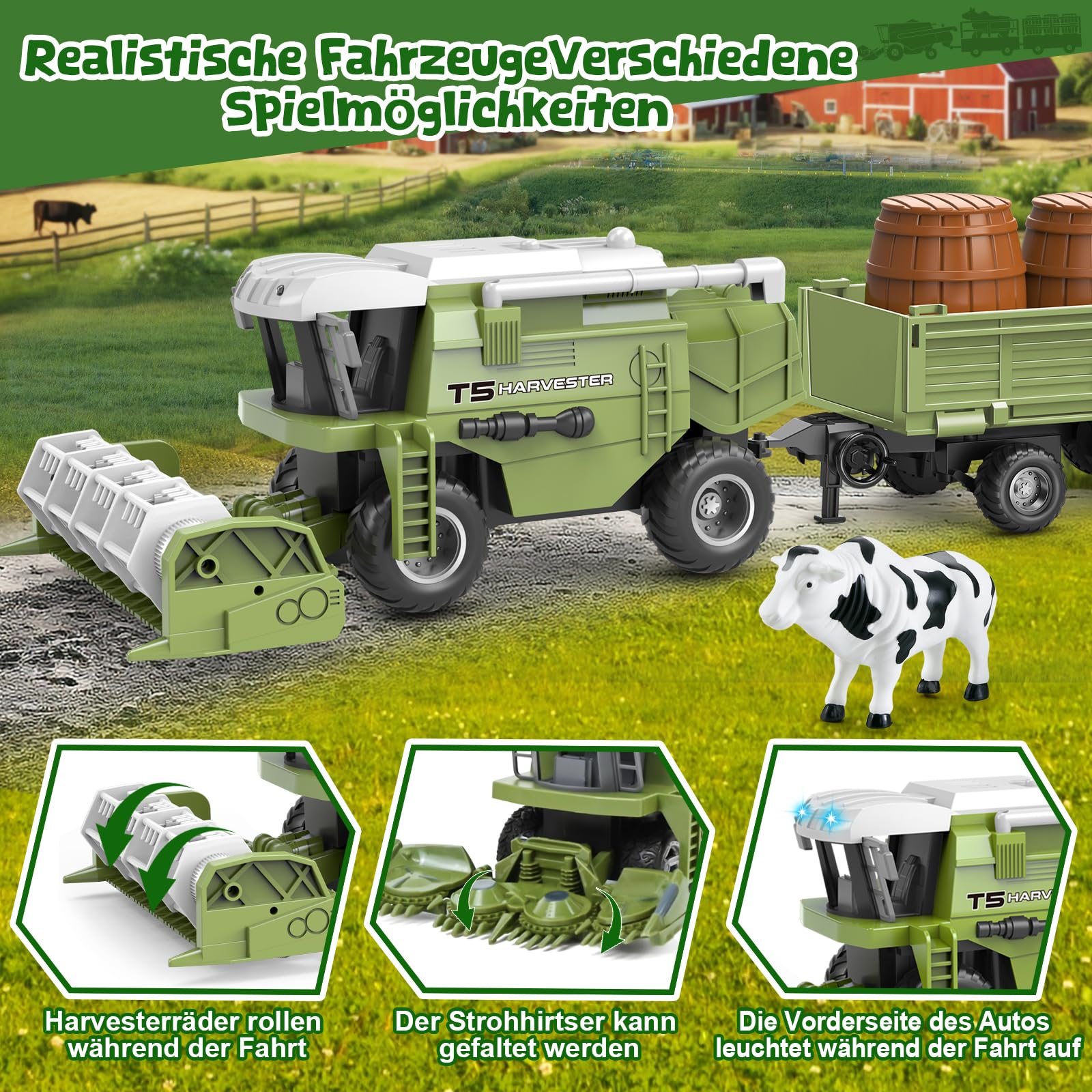 Joellfuner RC Mähdrescher Spielzeug, Ferngesteuert Mähdrescher für Kinder, Mähdrescher Spielzeug Ferngesteuert mit Anhänger, Licht, Kuh, RC Traktor Spielzeugs, Weihnachten Geschenk für Kinder ab 3+