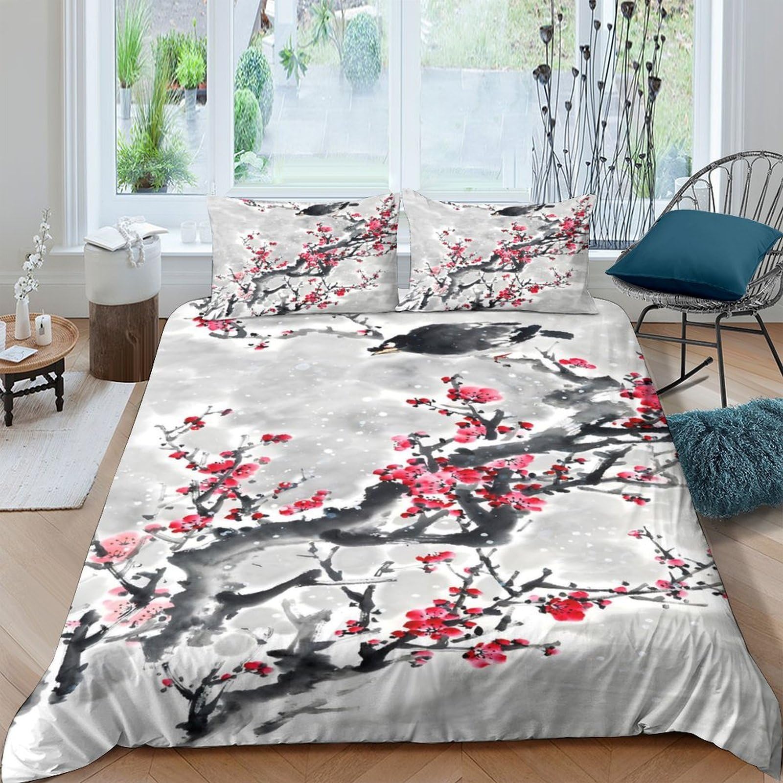 Ctjqhvkz Style-3 3D Printed Plum Blossom Fitted Sheet Microfiber Soft Washable Ink Painting Bed Cover For Bedroom Dorm Decorative Use Single（135X200cm）