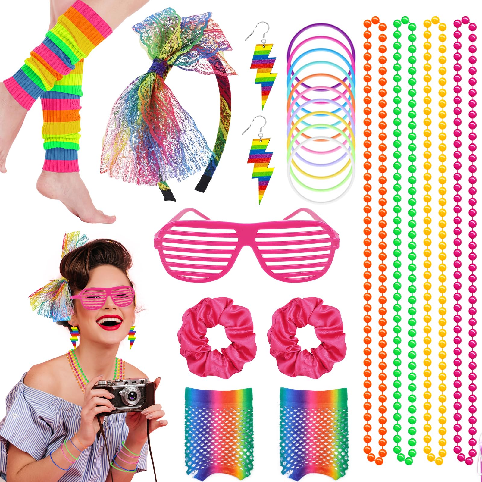 21pcs 80s Fancy Dress for women, 80s Accessories Set with Leg Warmers Gloves Earrings Necklaces Sunglasses for 80s Party Dress up