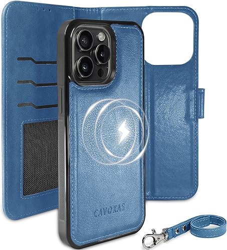 CAVOKAS Funda tipo cartera para iPhone 15 Pro Max con soporte para tarjetas, funda de cuero magnética fuerte desmontable, compatible con carga