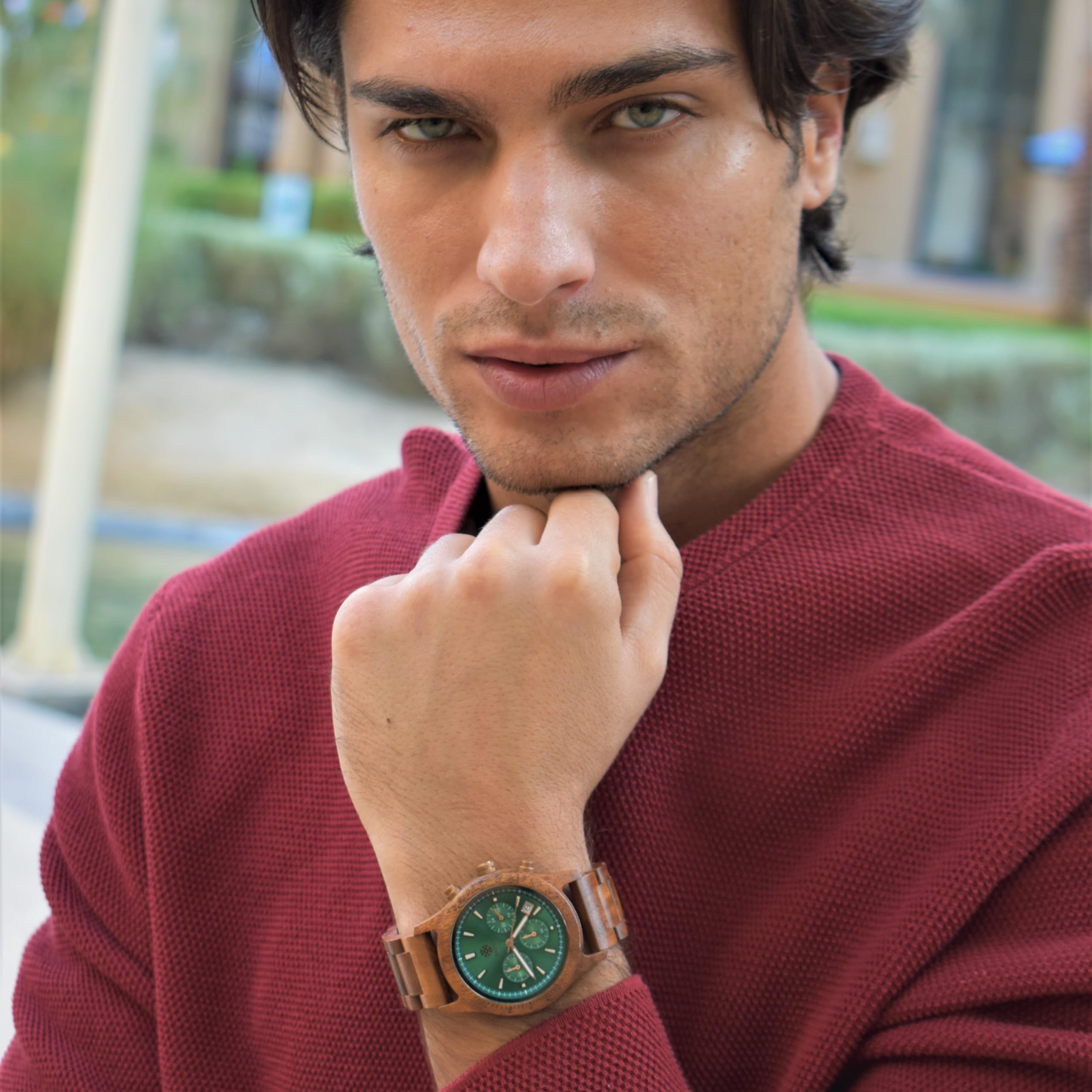 Orologi in Legno per Uomo, Orologio di Legno, Regali, Orologio Cronografo, Analogico, Calendario. Nuovo Bergen 42mm, Legno Naturale al 100% con Movimento al Quarzo Giapponese