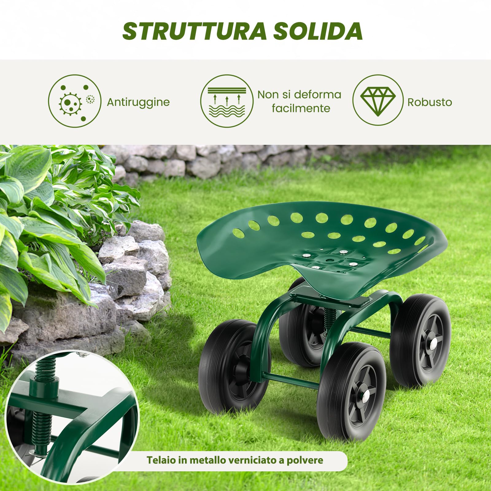 GYMAX Sgabello da Giardino con Ruote, Sedile da Lavoro Regolabile in Altezza per Giardinaggio
