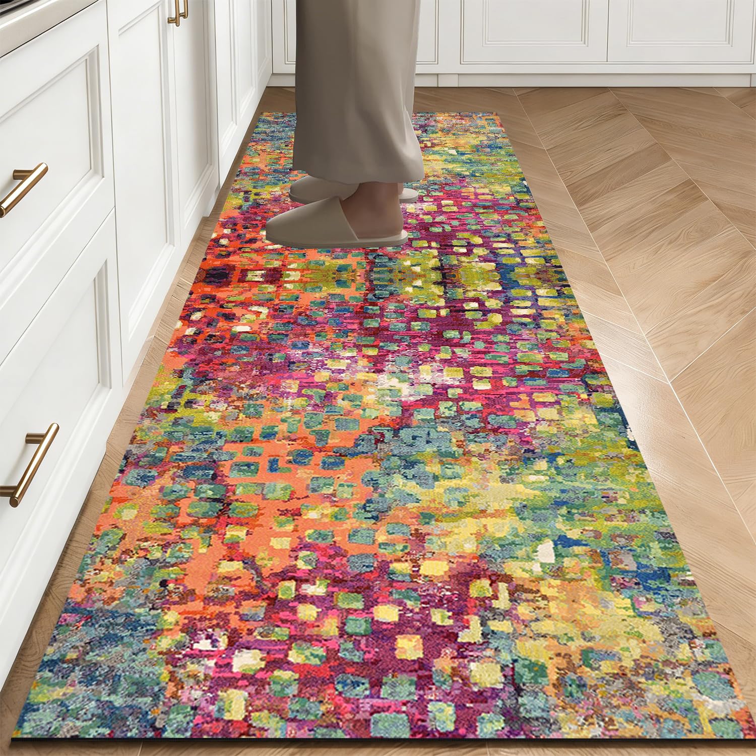 WTHYGB Teppich Läufer 80 x 300 cm, rutschfest Waschbar Teppichläufer, Küchenläufer Abstraktes Design für Eingang, Küche, Wohnzimmer & Büro, Bunte Punkte