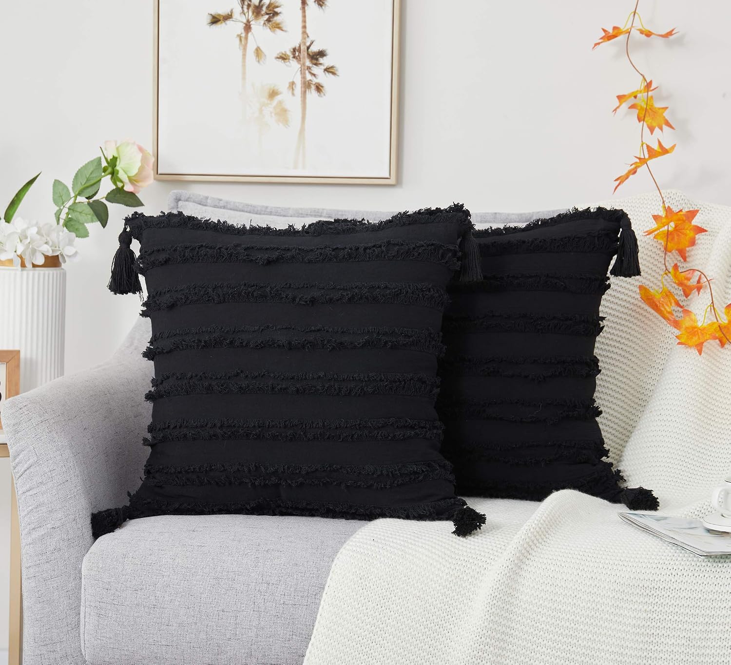 Tiaronics Set of 2 Boho Bedding Cotton Linen Throw Pillow Covers with Tassels, Decorative Throws Cushion Covers for Couch Sofa Bed Farmhouse (Black, 16 * 16")