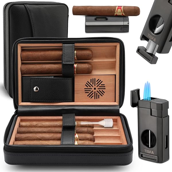 TISFA Leather Cedar Humidor Black