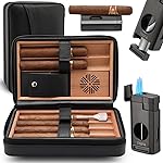 TISFA Cigar Humidor, Leather Cedar Wood Cigar Case with Cigar Lighter, V Cut Cigar Cutter, Cigar Holder 3 in 1, Portable Travel Cigar Humidor Box with Humidifier (Black)