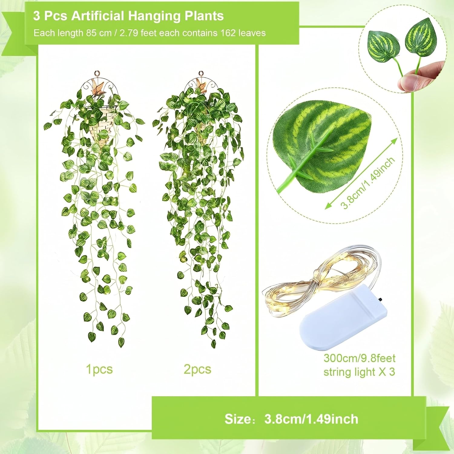 Mudder 3 Packs LED Artificial Hanging Plant, 2.79 ft Fake Watermelon Leaves image 2