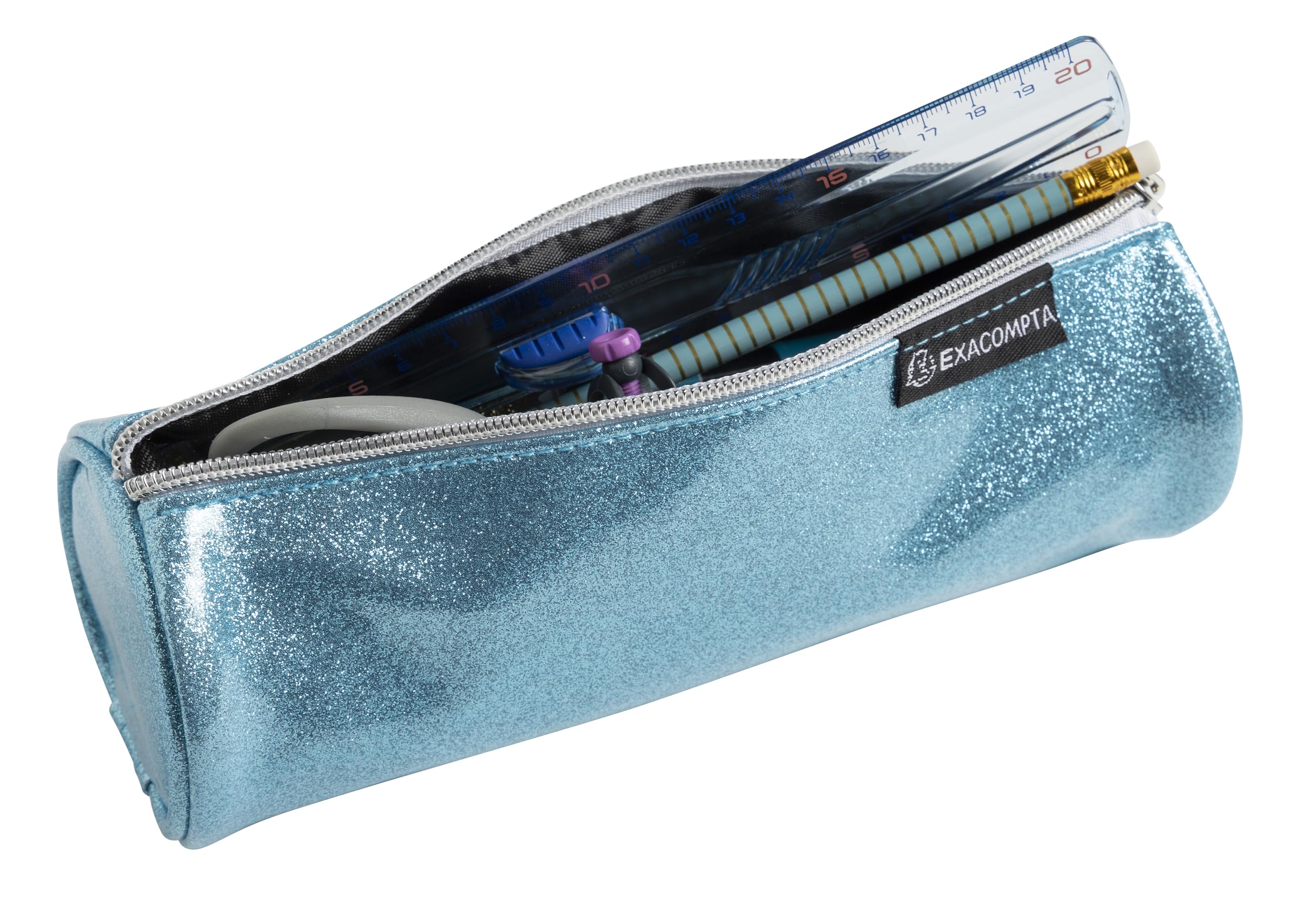 Exacompta - Réf. 52770E - Carton de 16 trousses rondes Glitter en PU simili cuir paillettes - doublée de polyester - dimensions 22,5 x 8 cm - couleurs bleu, gris, noir, nude